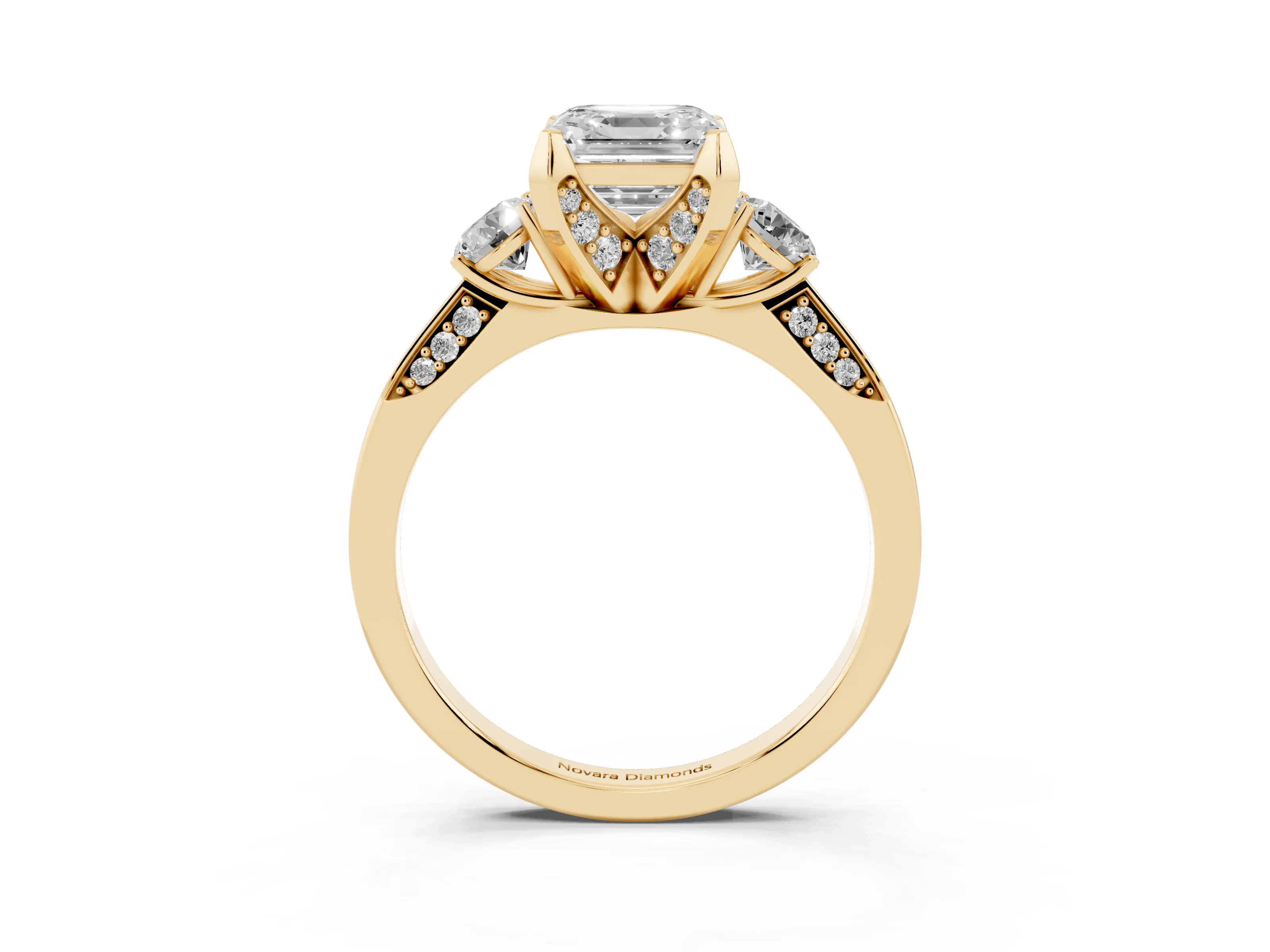 Asscher Cut Diamond Three-Stone Ring Set in Yellow gold with Pavé Band and Smaller Side Stones
