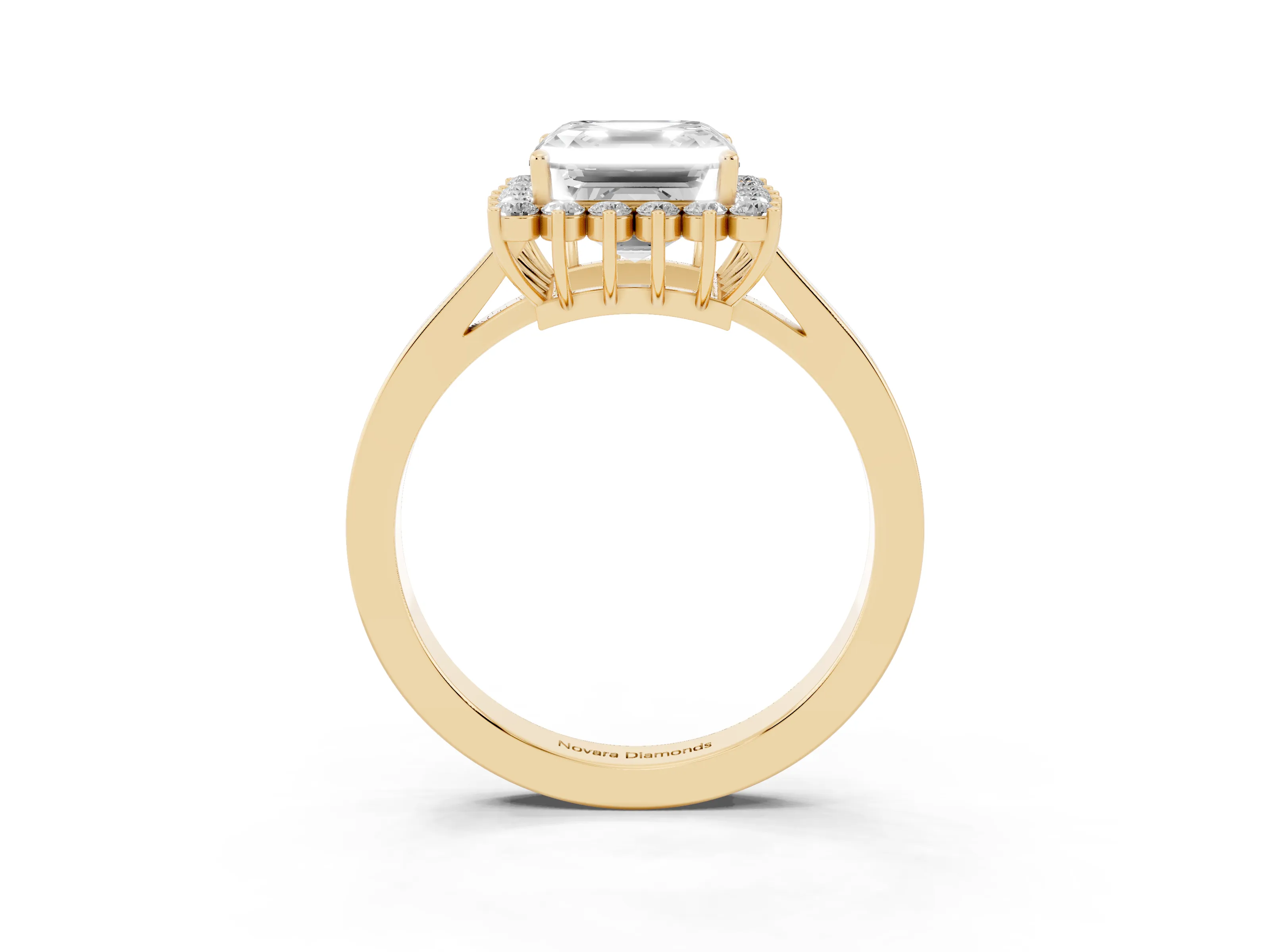 Asscher Cut Diamond Halo Ring Set in Yellow gold with Round Halo and Smooth Solitaire Band