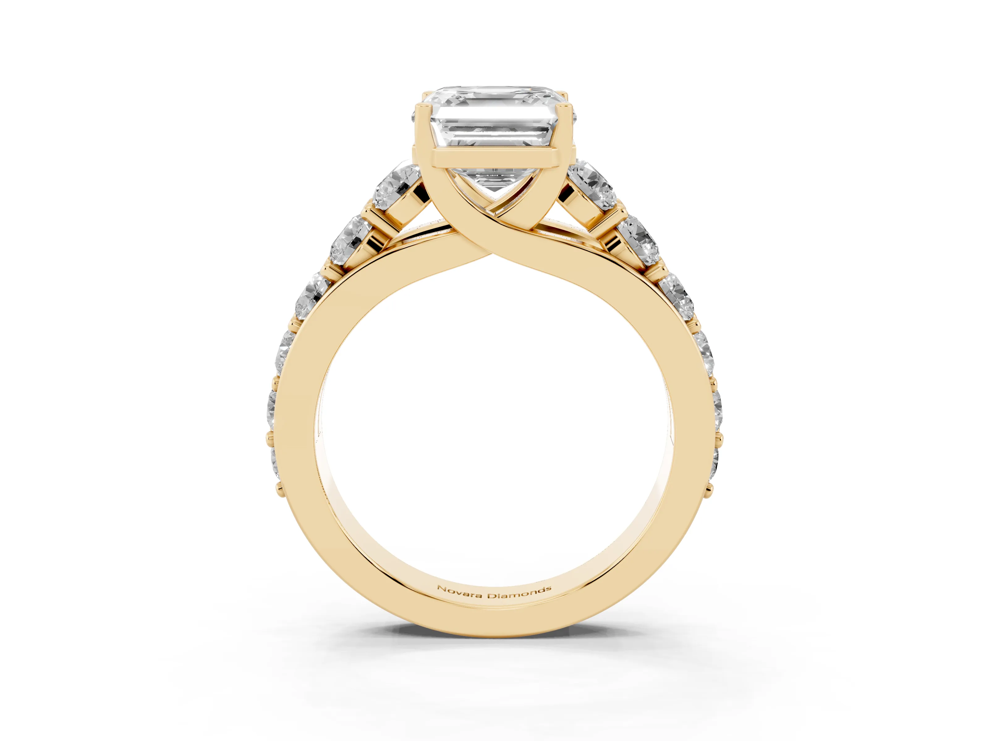 Asscher Cut Diamond Pavé Engagement Ring Set in Yellow gold with Prong Setting
