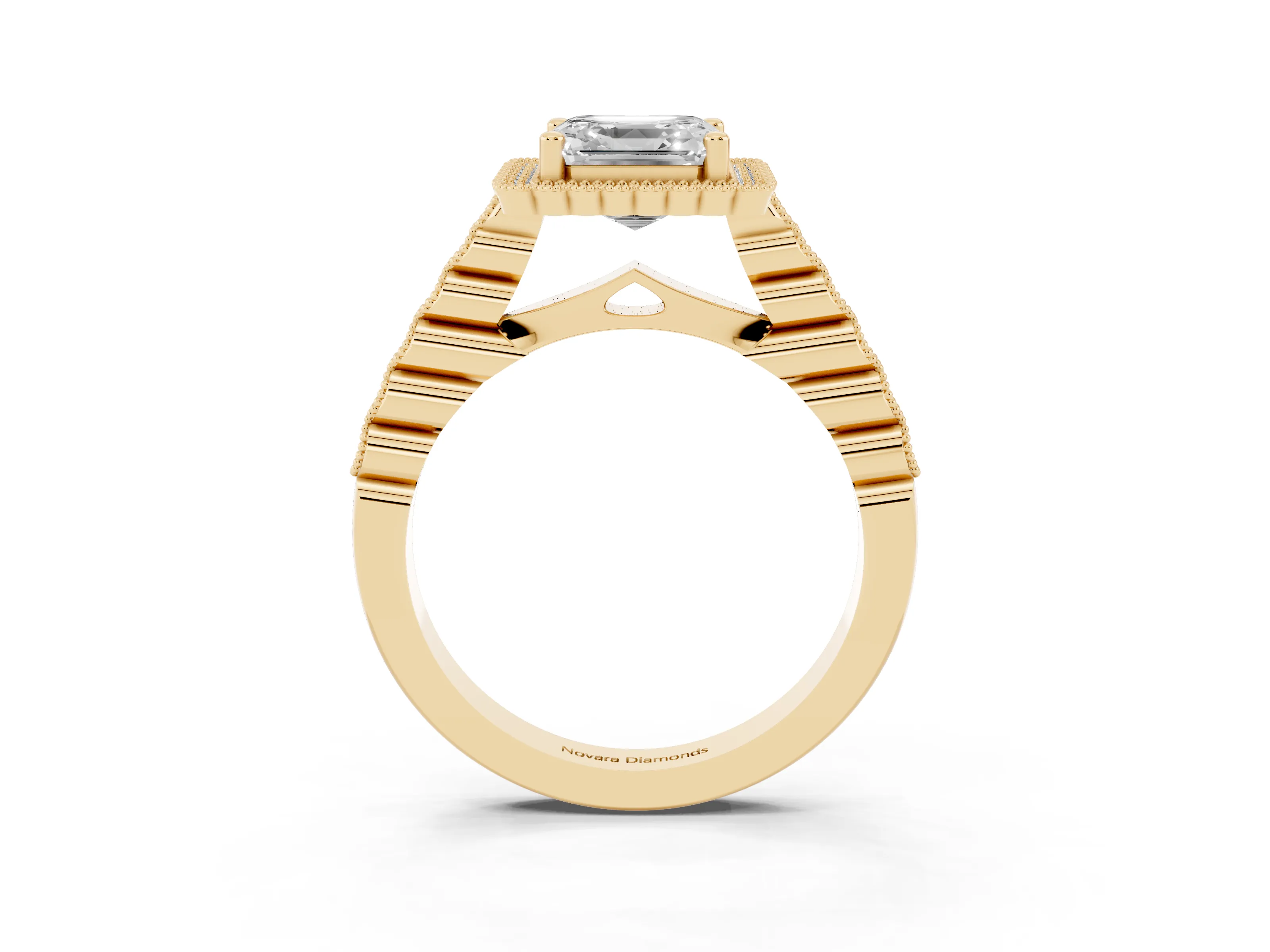 Asscher Cut Diamond Halo Ring Set in Yellow gold with Pavé Milgrain Band