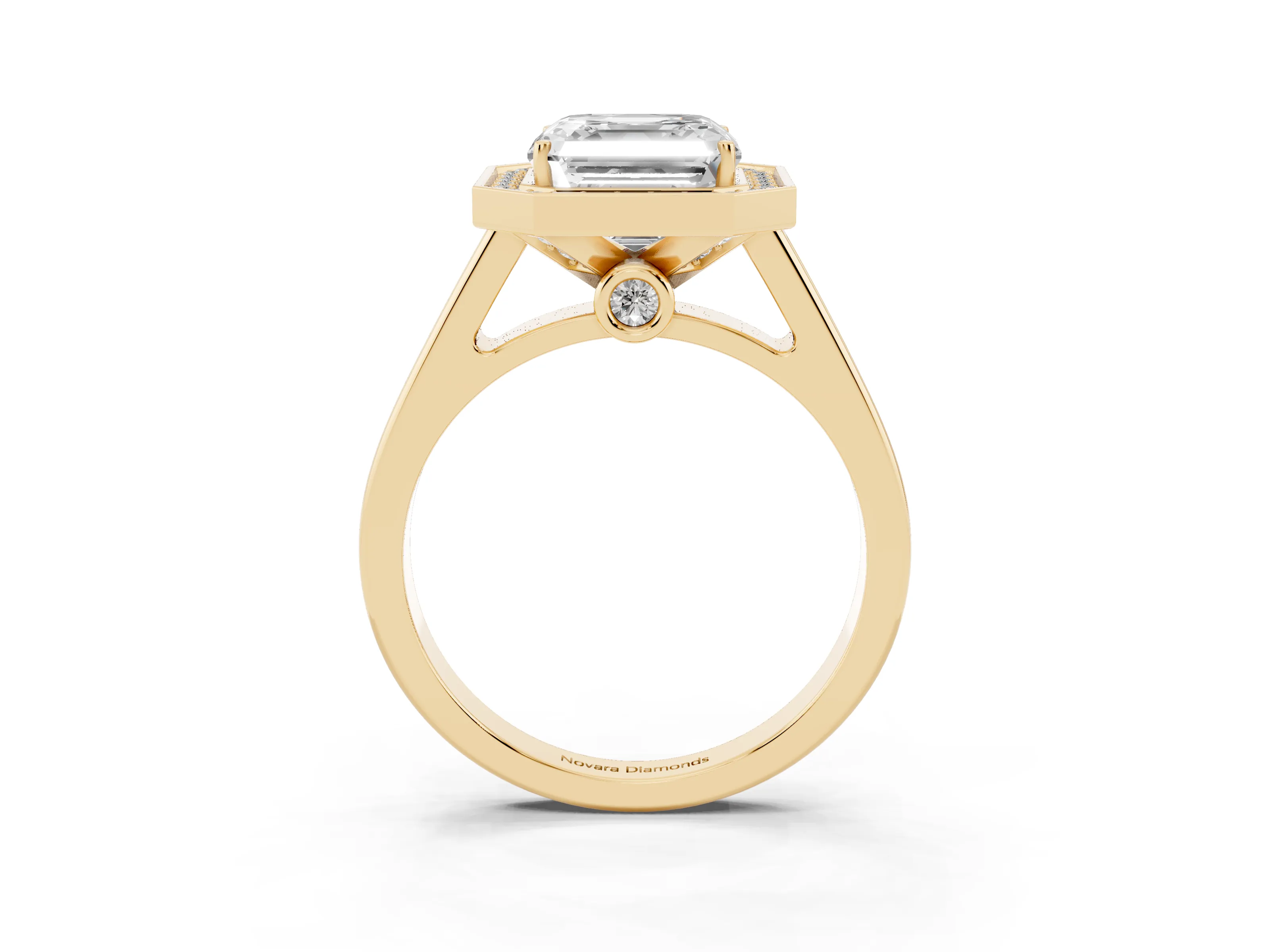 Asscher Cut Diamond Halo Solitaire Ring Set in Yellow gold with Pavé Band and Bezel Setting