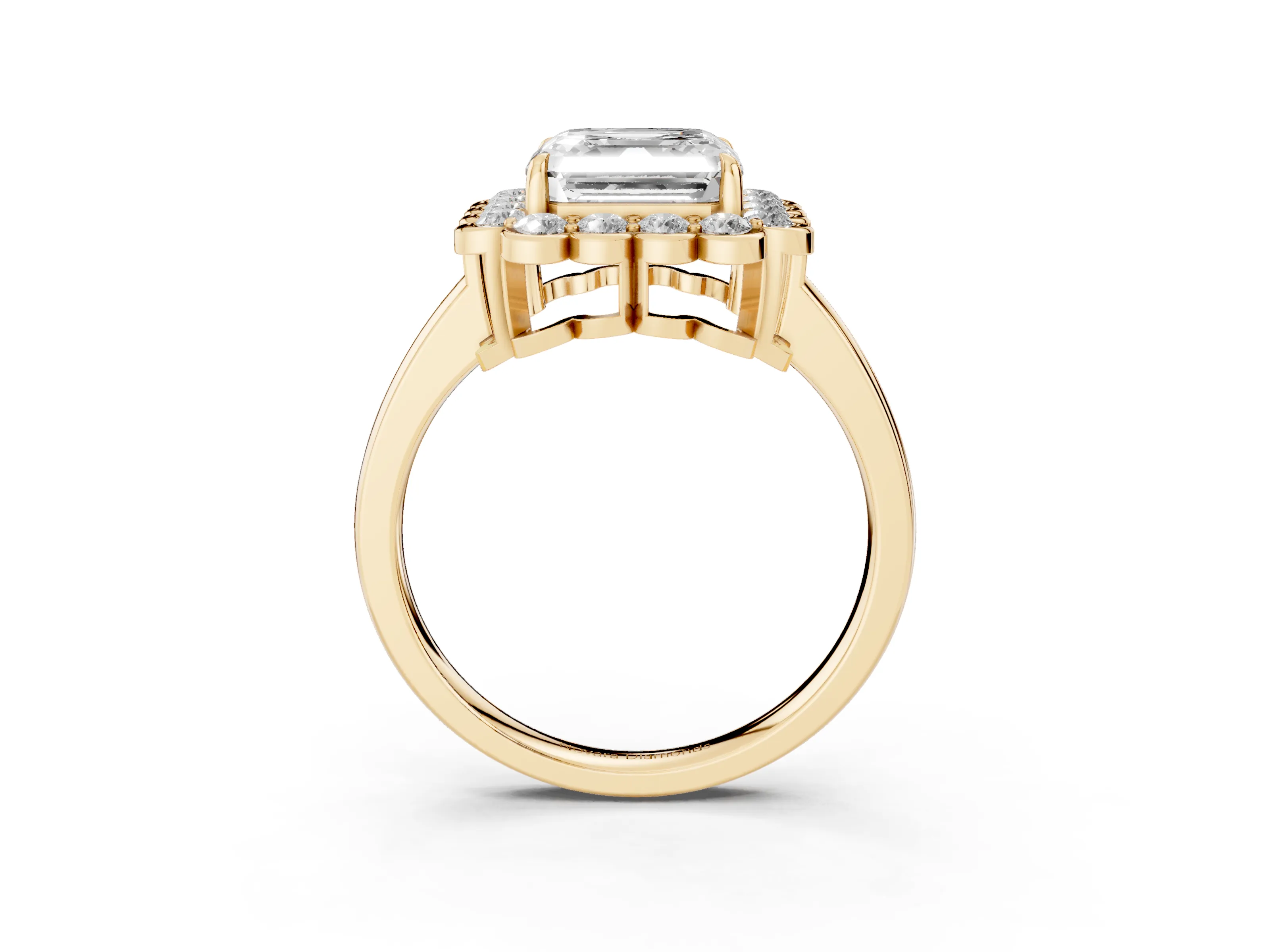 Asscher Cut Diamond Halo Cluster Engagement Ring Set in Yellow gold with Solitaire Band and Prong Setting