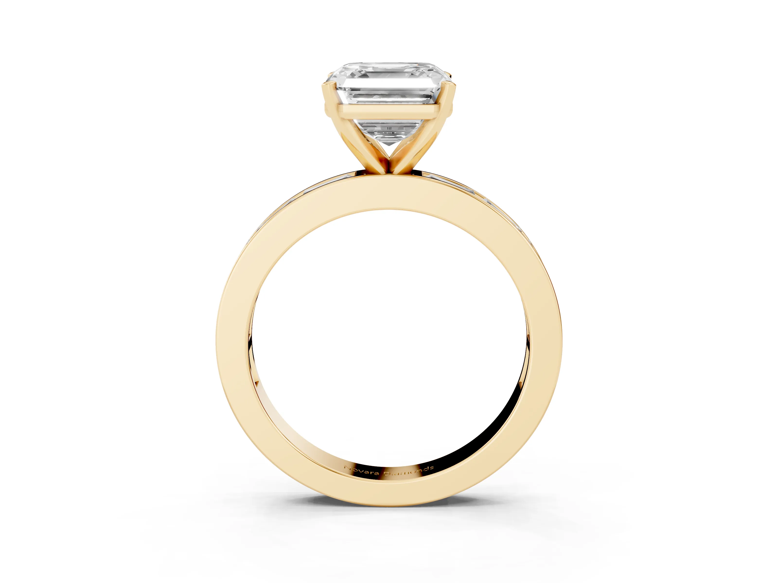 Asscher Cut Diamond Solitaire Ring Set in Yellow gold with Channel-Set Baguette Band and Prong Setting