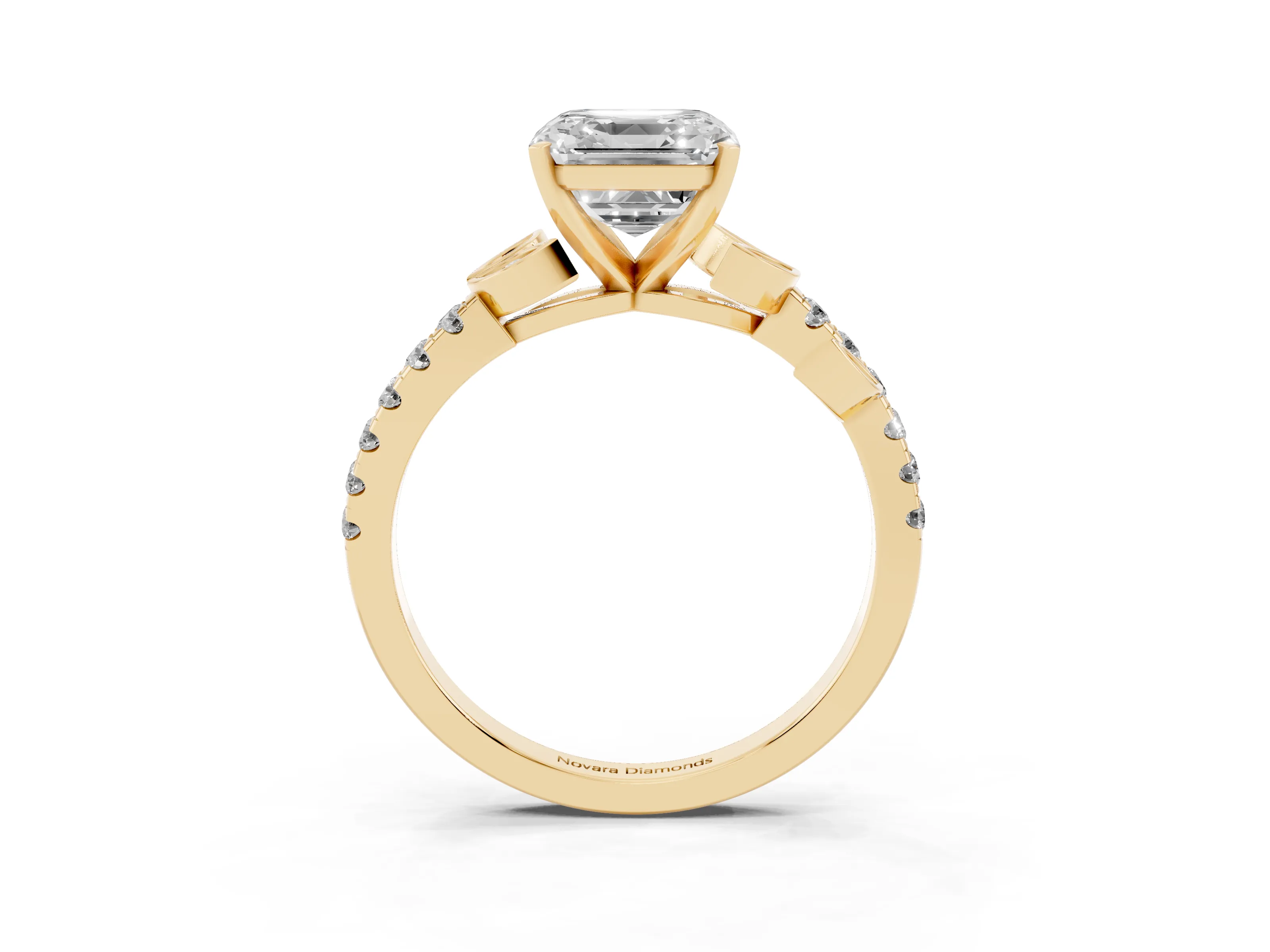 Asscher Cut Diamond Solitaire Leaf-Inspired Ring Set in Yellow gold with Pavé Band and Prong Setting