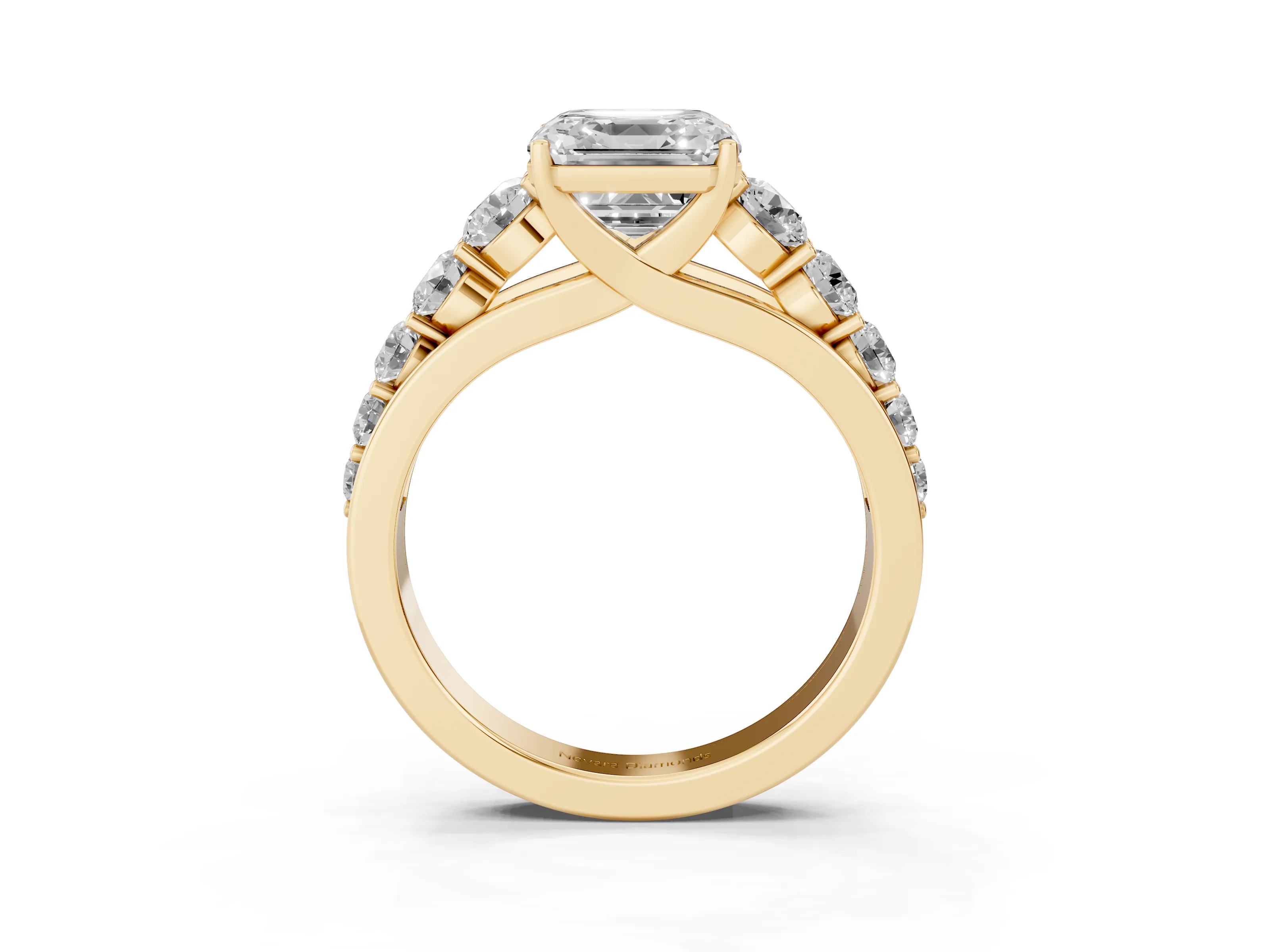 Asscher Cut Diamond Solitaire Ring Set in Yellow gold with Pavé-Set Band and Prong Setting