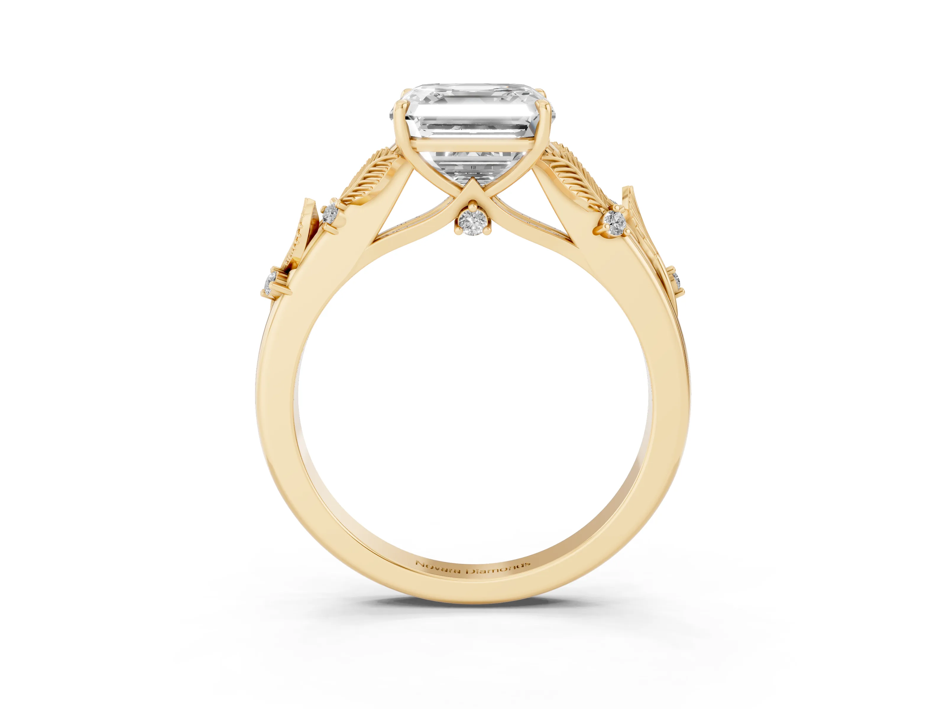 Asscher Cut Diamond Solitaire Ring Set in Yellow gold with Leaf Motif Band
