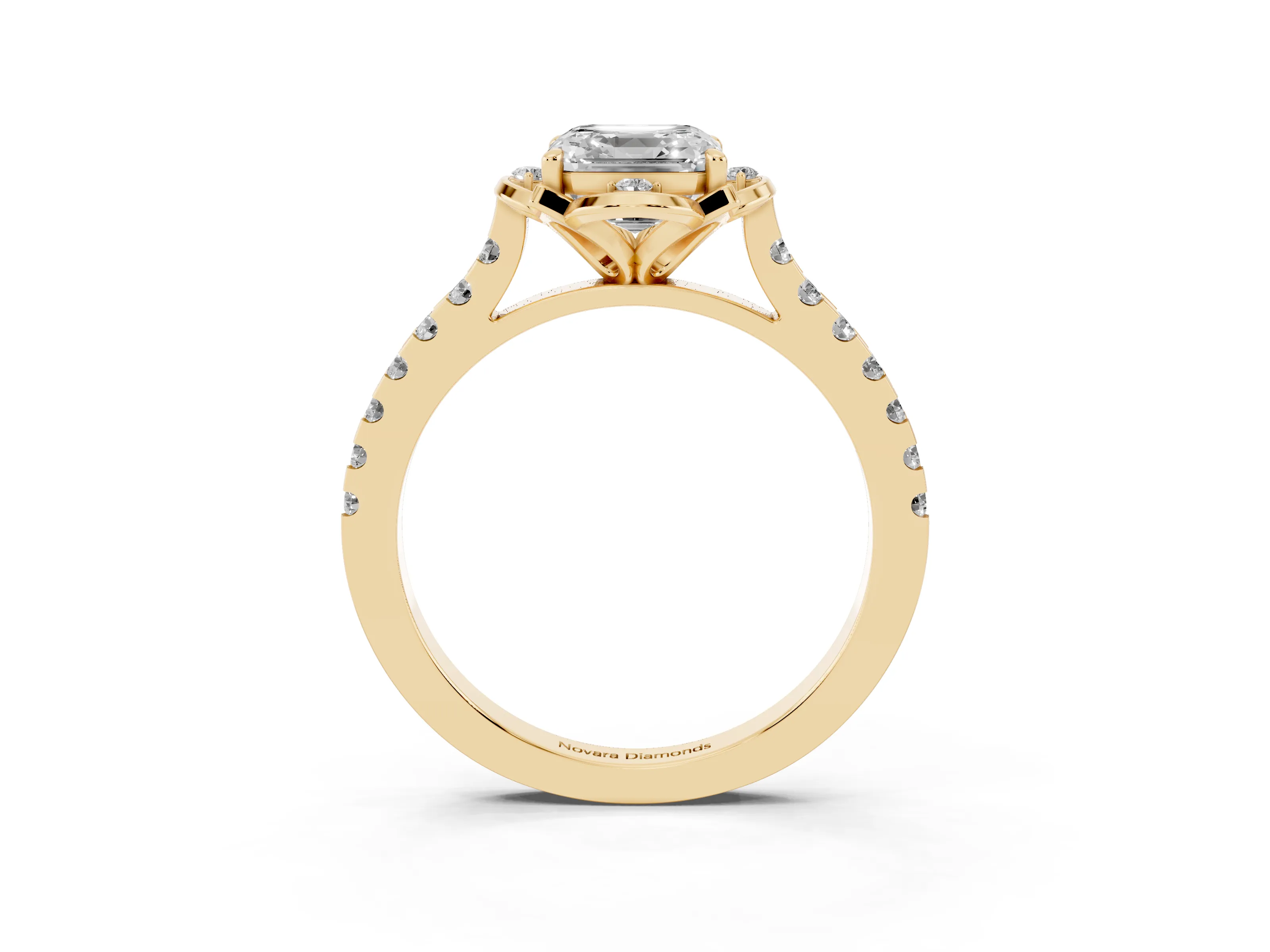 Asscher Cut Diamond Solitaire Ring Set in Yellow gold with Pavé Band and Floral Prong Setting