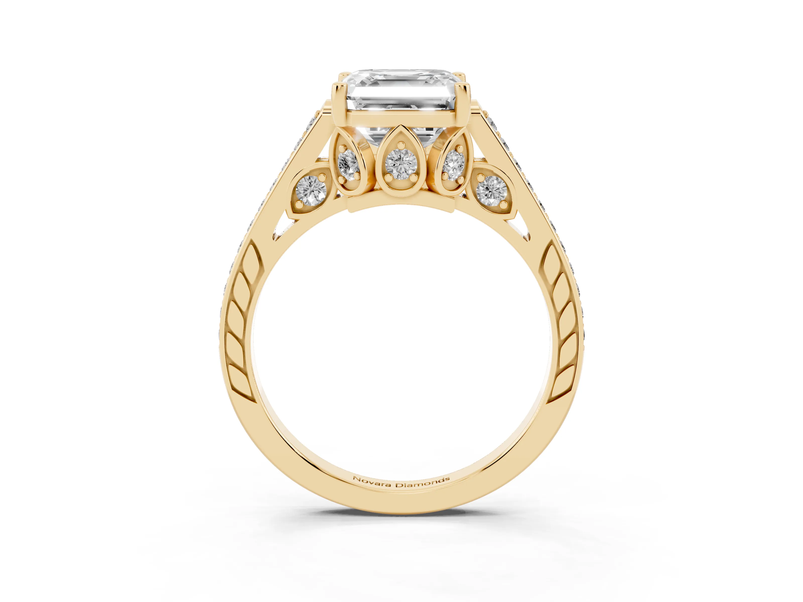 Asscher Cut Diamond Cathedral Pavé Engagement Ring Set in Yellow gold with Prong Setting
