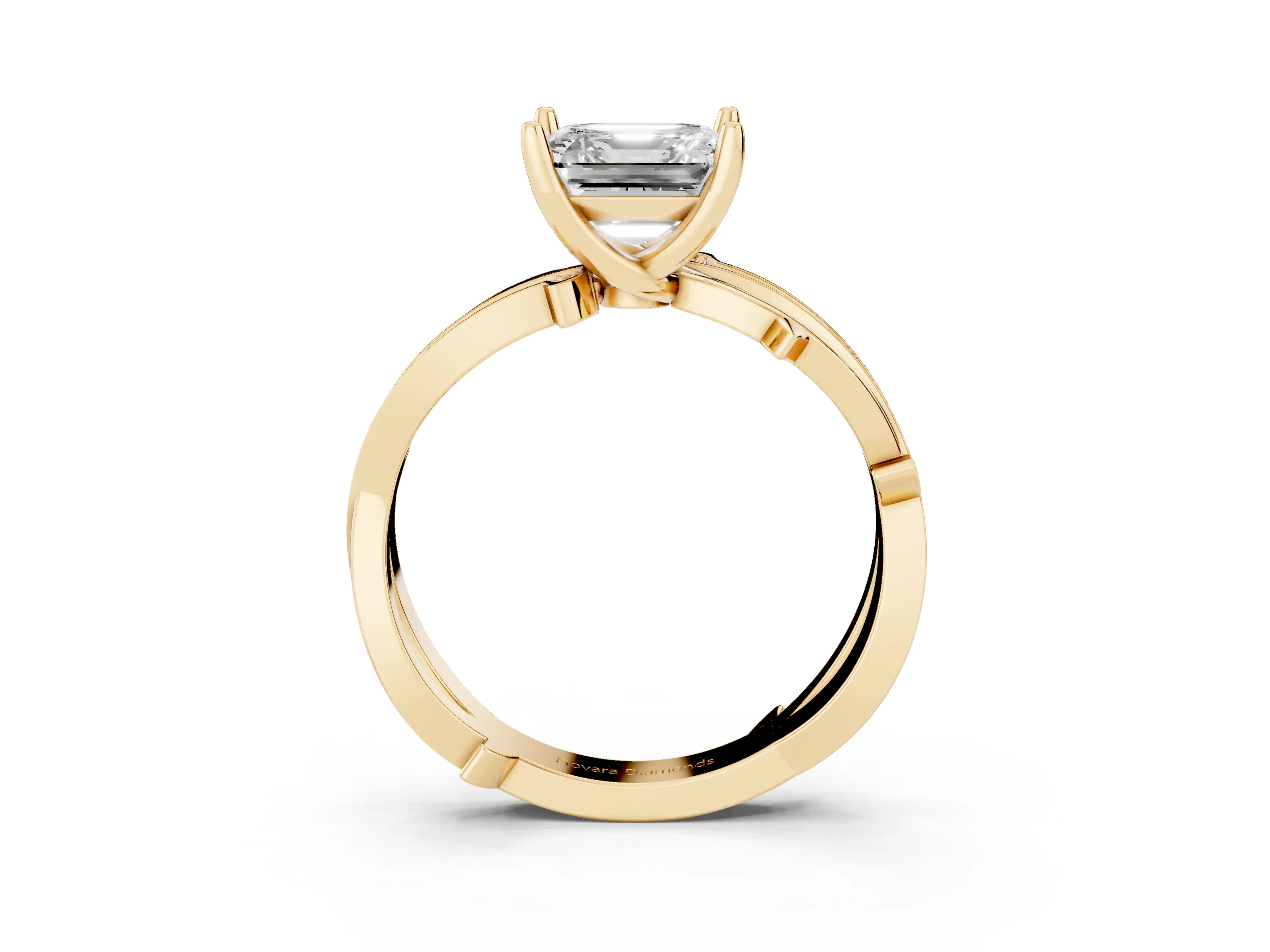 Asscher Cut Diamond Pavé Twist Band Solitaire Ring Set in Yellow gold with Prong Setting