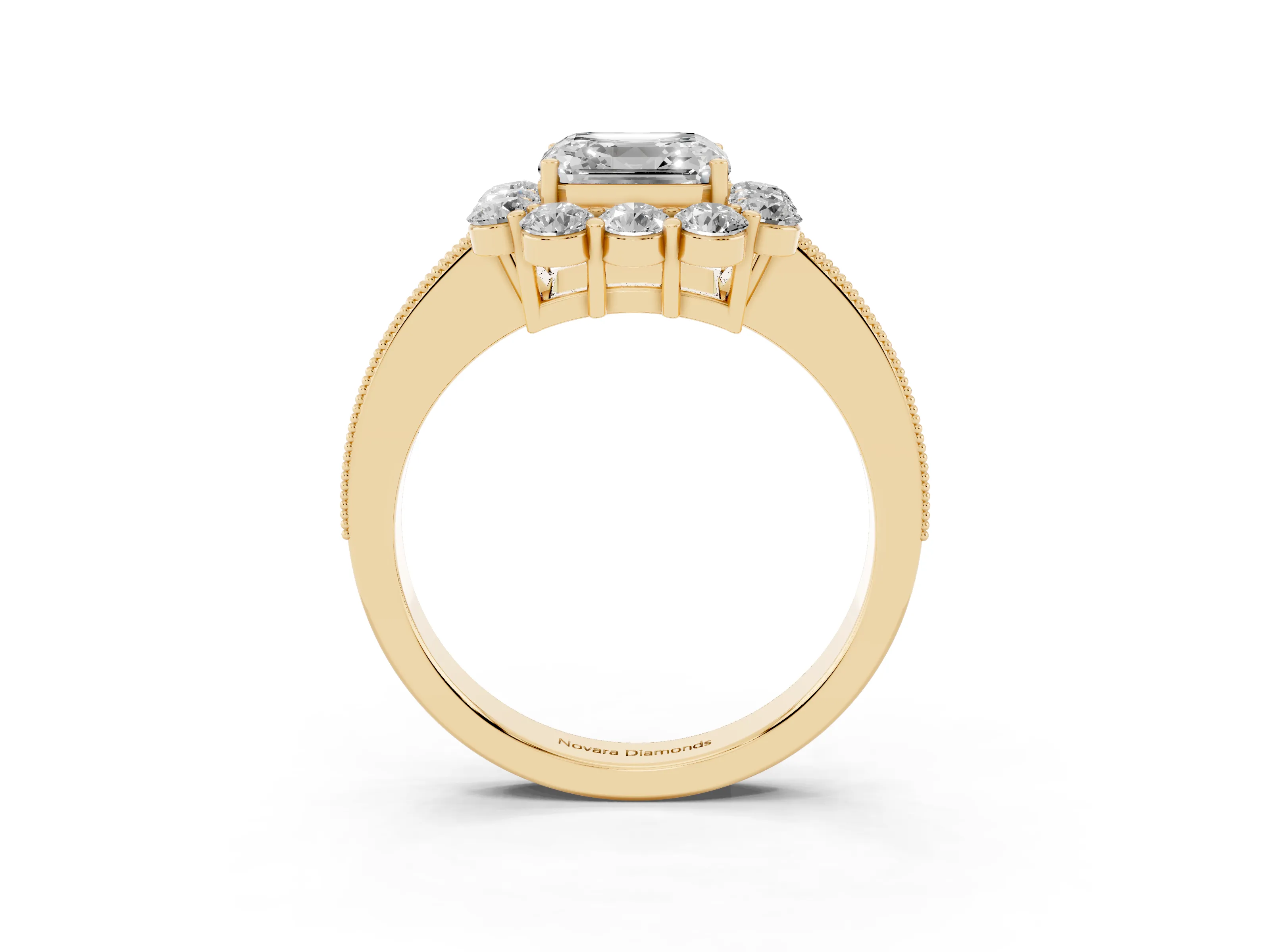 Asscher Cut Diamond Halo Pavé Engagement Ring Set in Yellow gold with Milgrain Detailing