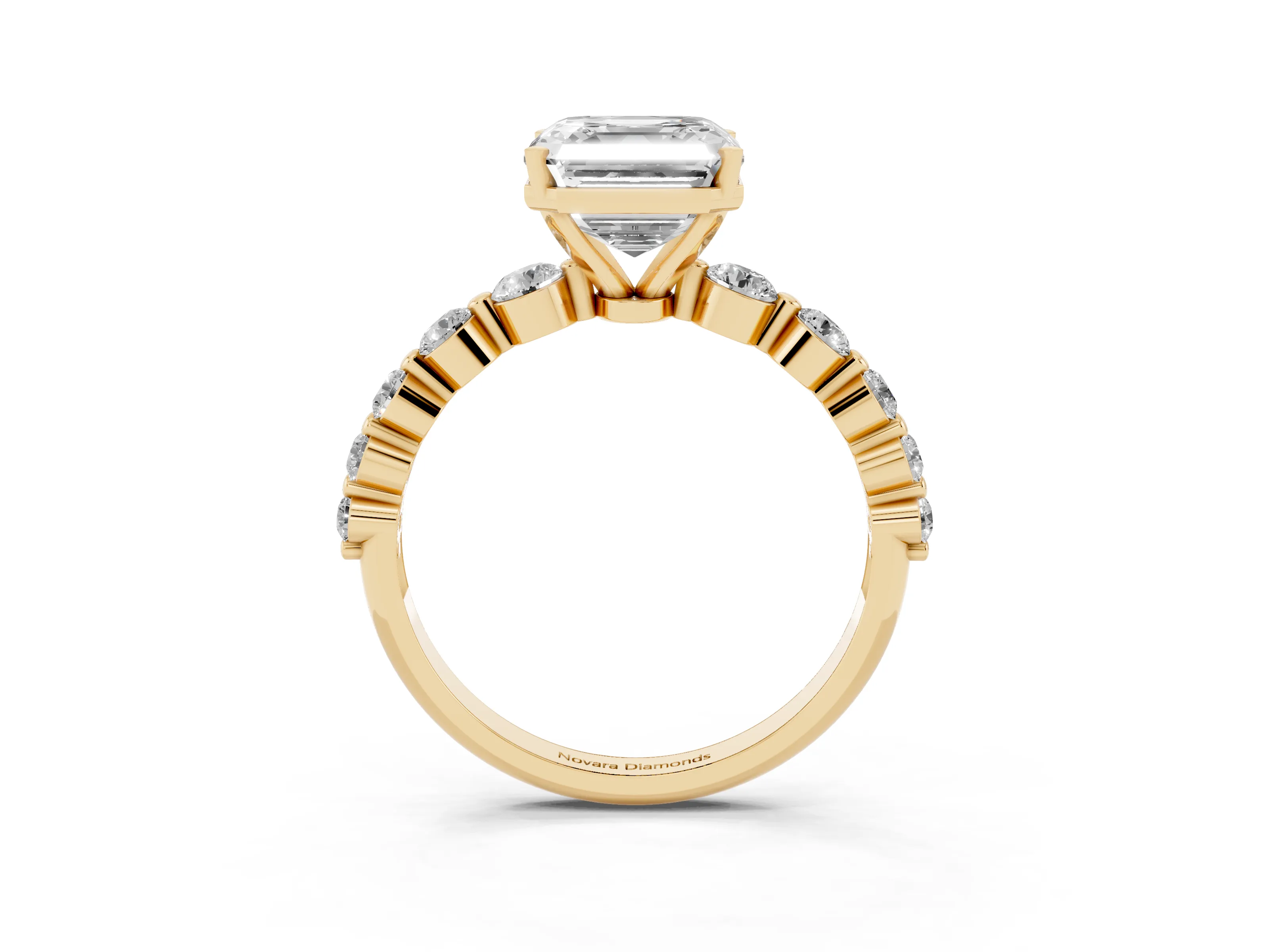 Asscher Cut Diamond Solitaire Ring Set in Yellow gold with Pavé Band and Prong Setting