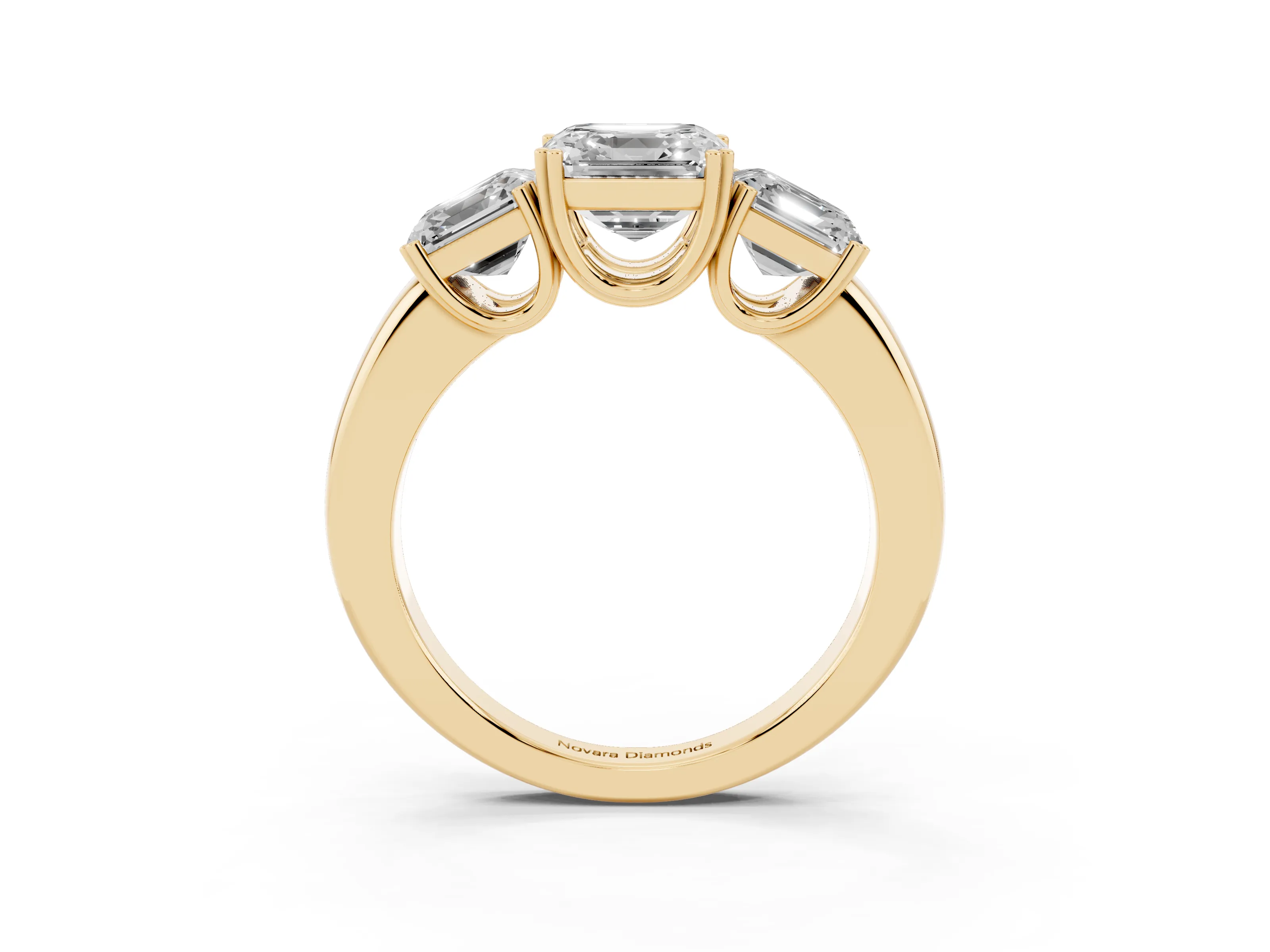 Asscher Cut Diamond Three-Stone Ring Set in Yellow gold with Polished Band and Prong Setting
