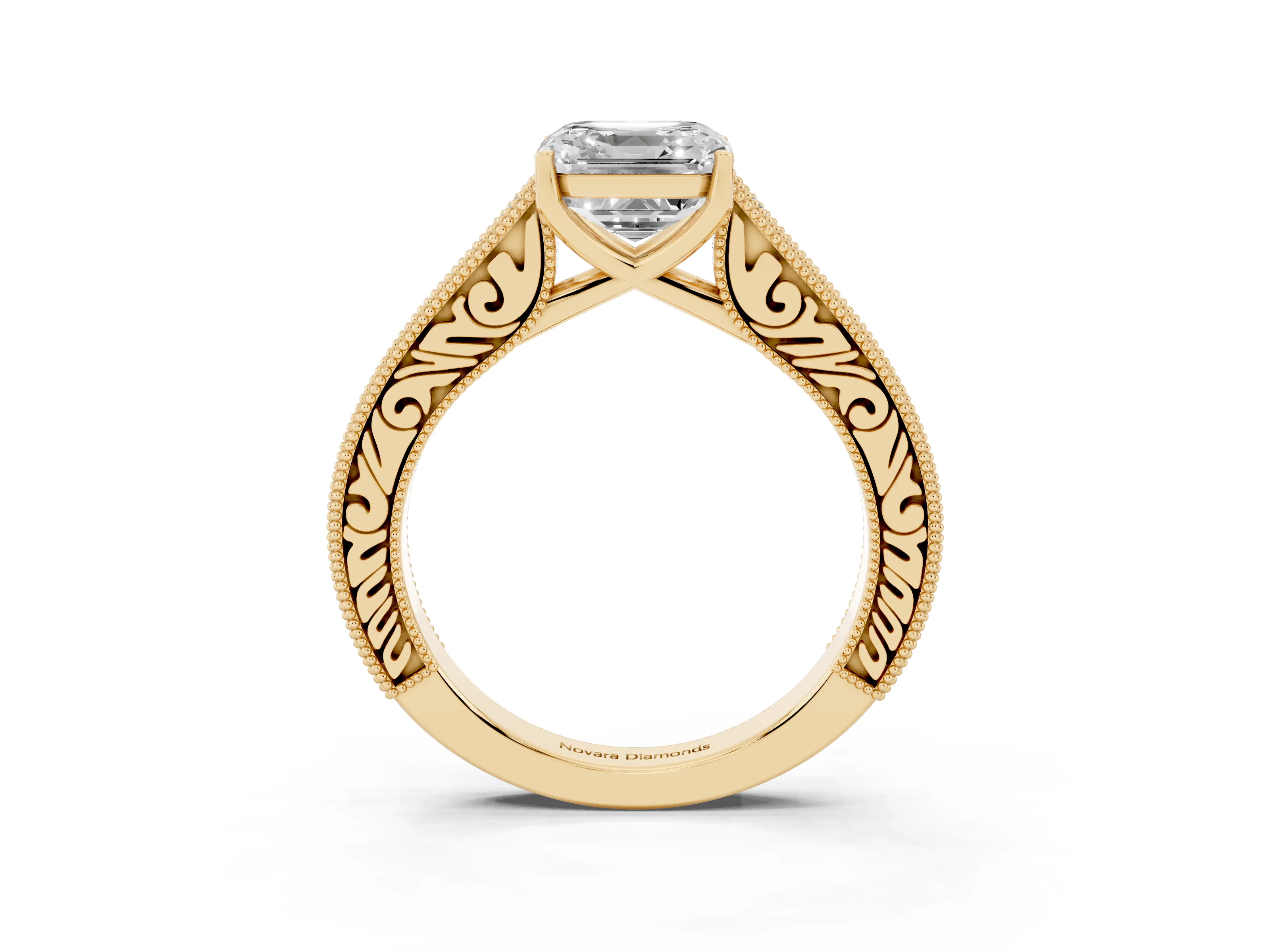 Asscher Cut Diamond Milgrain Pavé Band Solitaire Ring Set in Yellow gold with Prong Setting