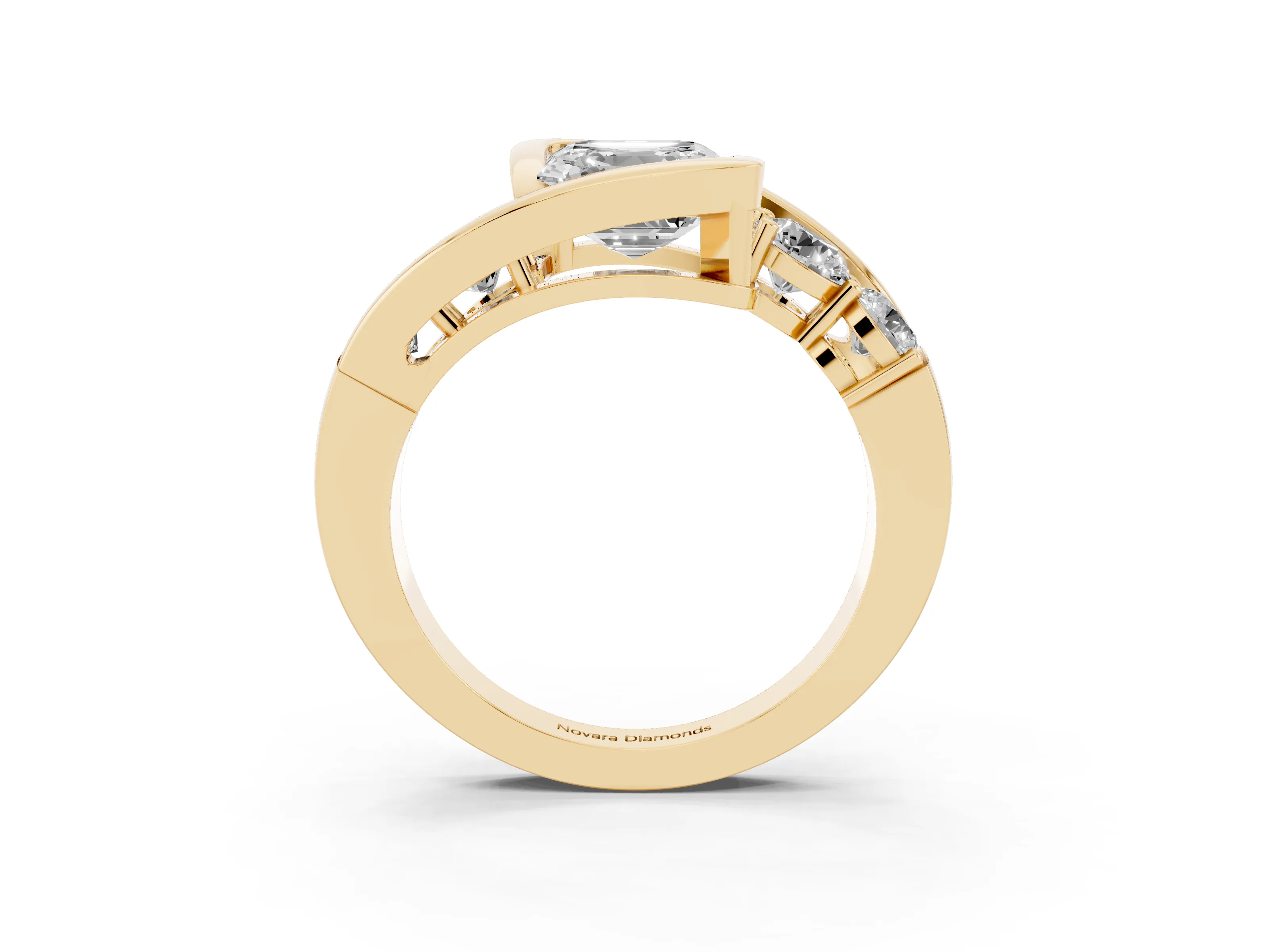 Asscher Cut Diamond Bezel Bypass Ring Set in Yellow gold with Round Accents