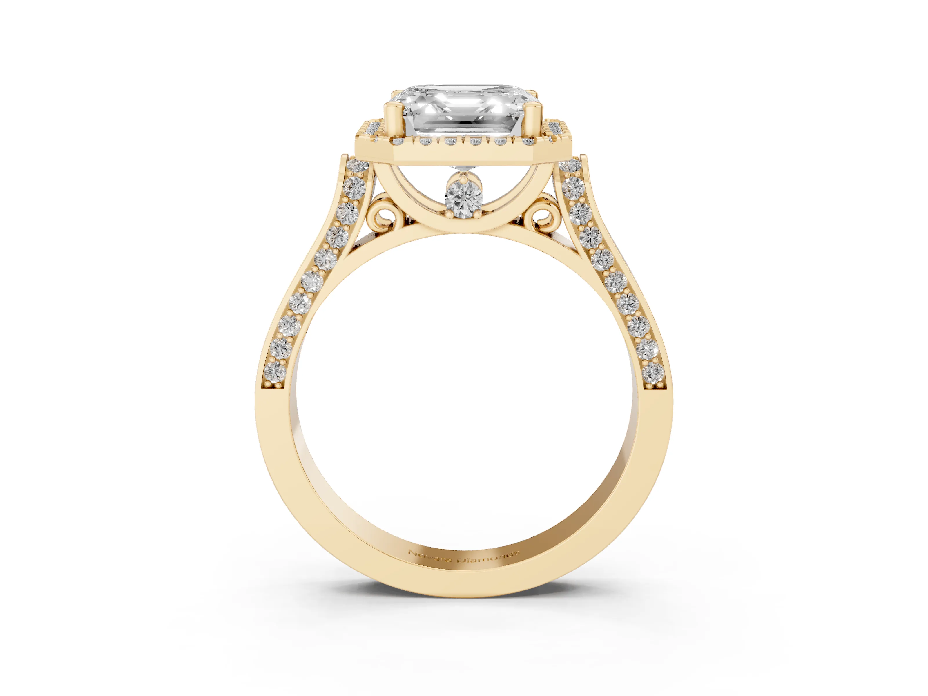 Asscher Cut Diamond Halo Ring Set in Yellow gold with Pavé-Lined Split Shank Band