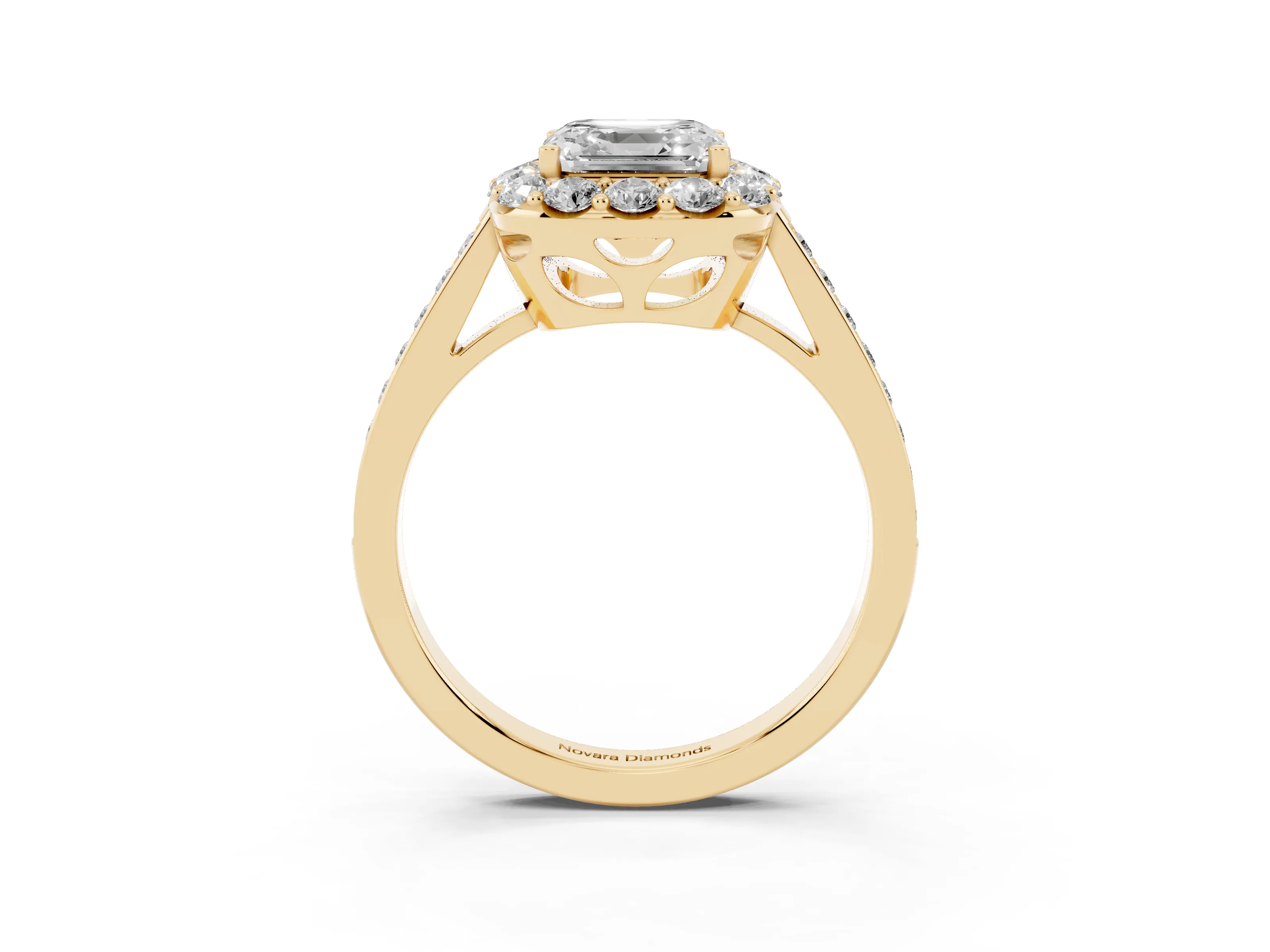 Asscher Cut Diamond Floral Halo Ring Set in Yellow gold with Pavé Band and Prong Setting