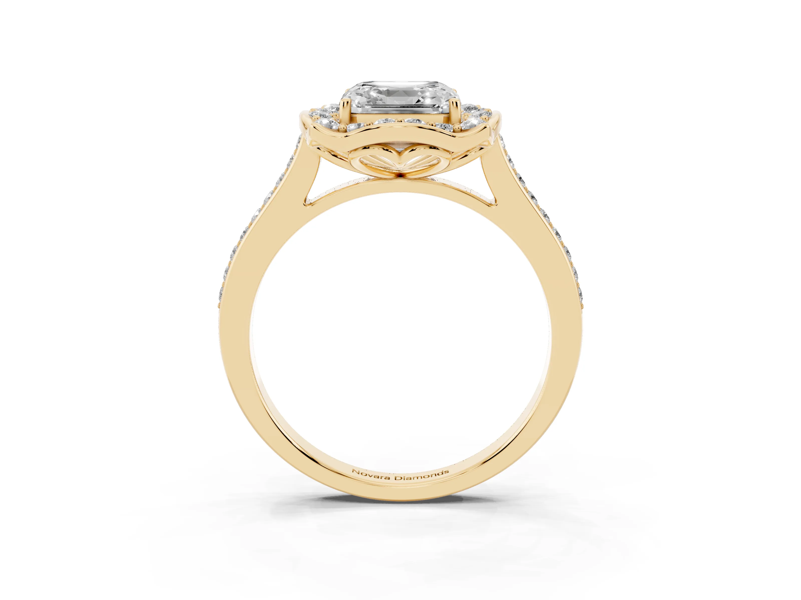 Asscher Cut Diamond Halo Ring Set in Yellow gold with Pavé-Lined Shoulders and Prong Setting