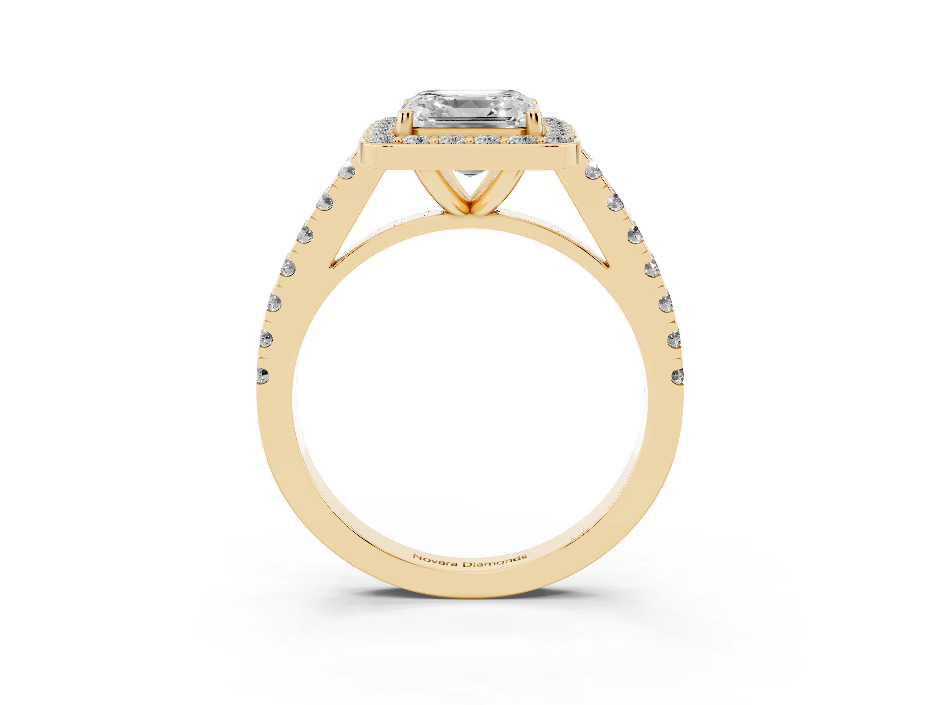 Asscher Cut Diamond Halo Ring Set in Yellow gold with Round Pavé Split Shank and Prong Setting