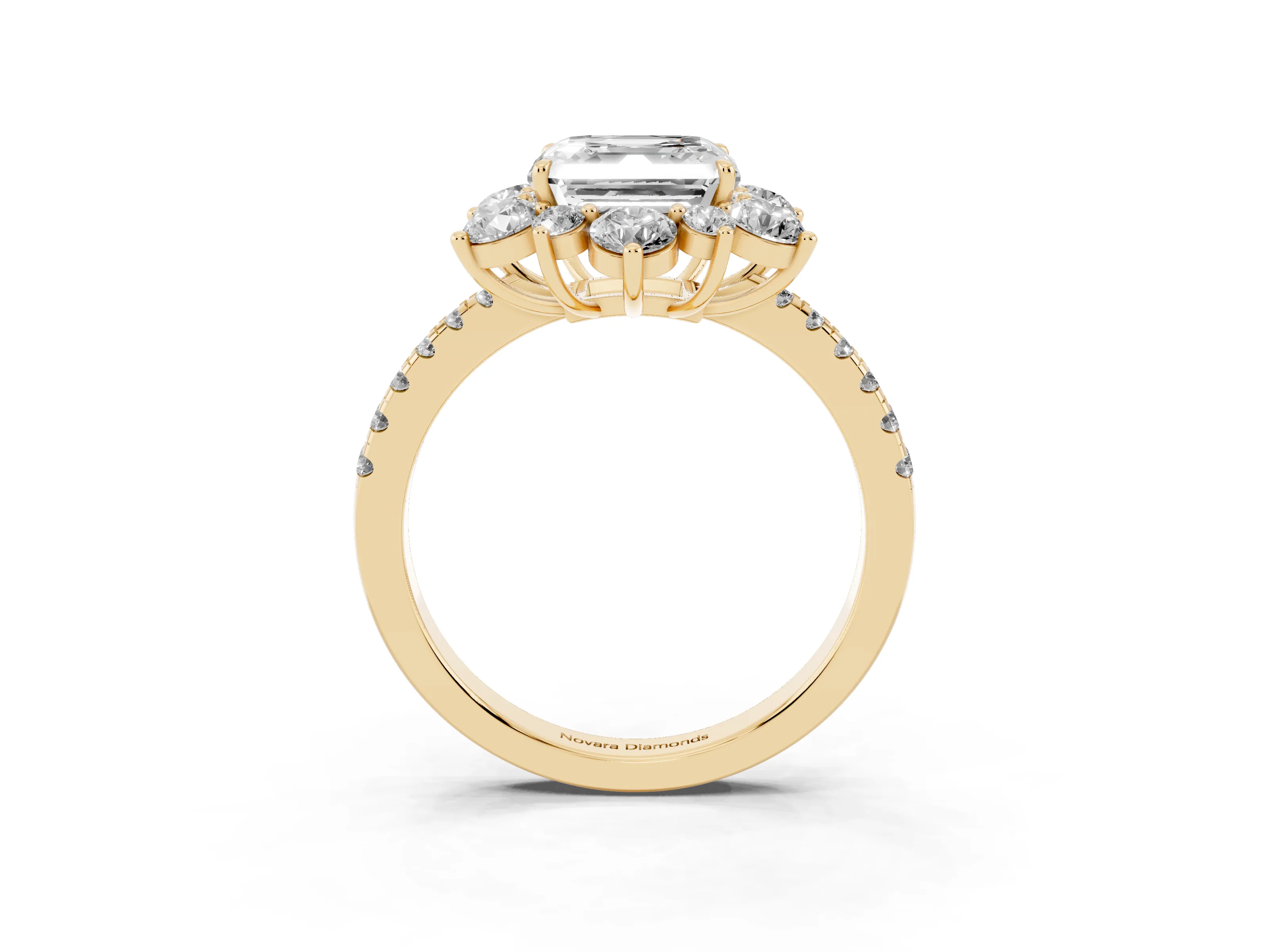 Asscher Cut Diamond Floral Halo Ring Set in Yellow gold with Round Pavé Band and Prong Setting
