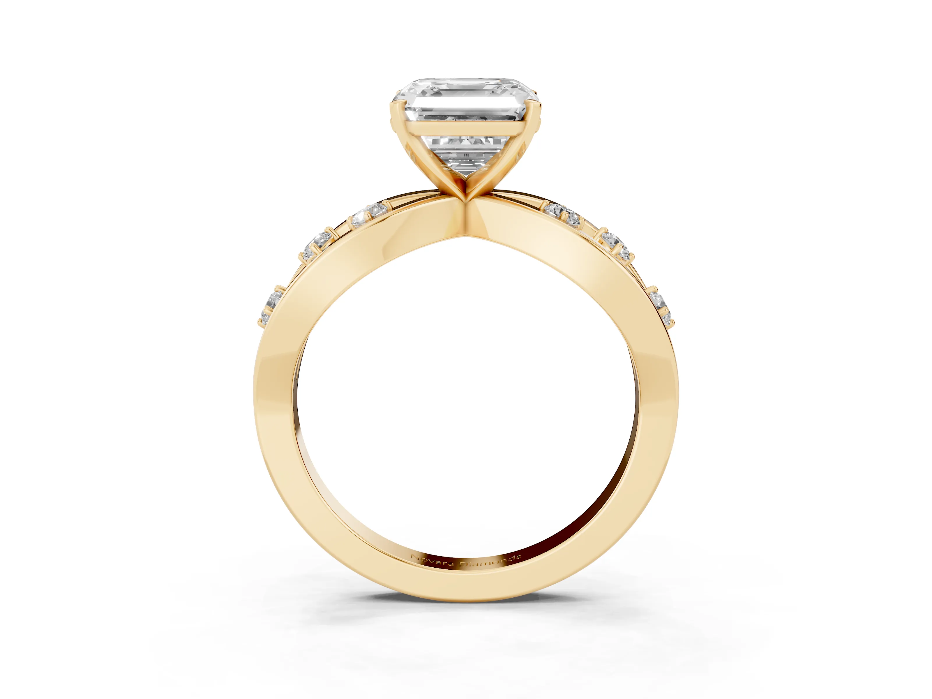 Asscher Cut Diamond Solitaire Ring Set in Yellow gold with Side Stones on Criss-Cross Band and Prong Setting