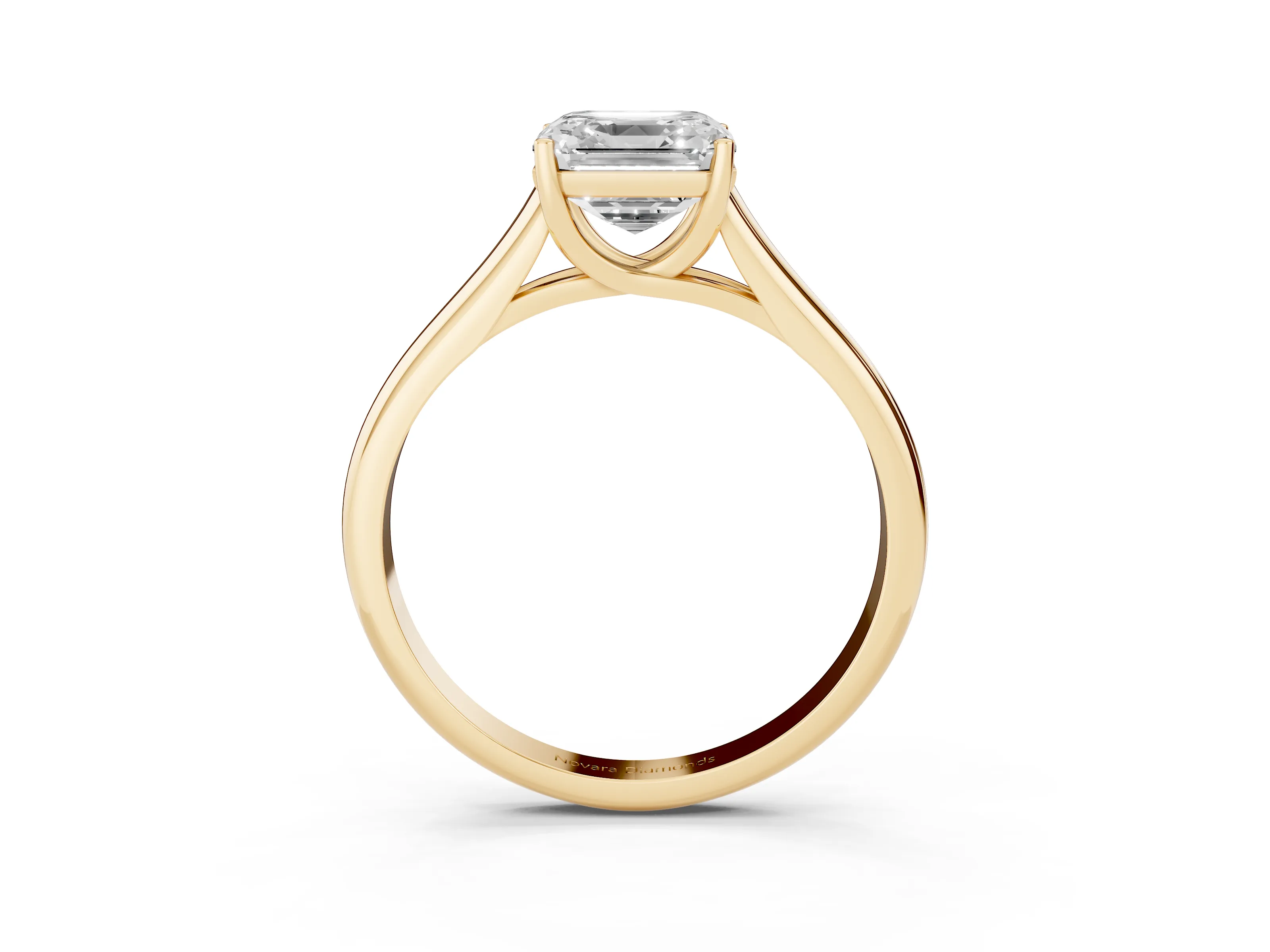 Asscher Cut Diamond Solitaire Engagement Ring Set in Yellow gold with Subtly Tapered Band and Prong Setting