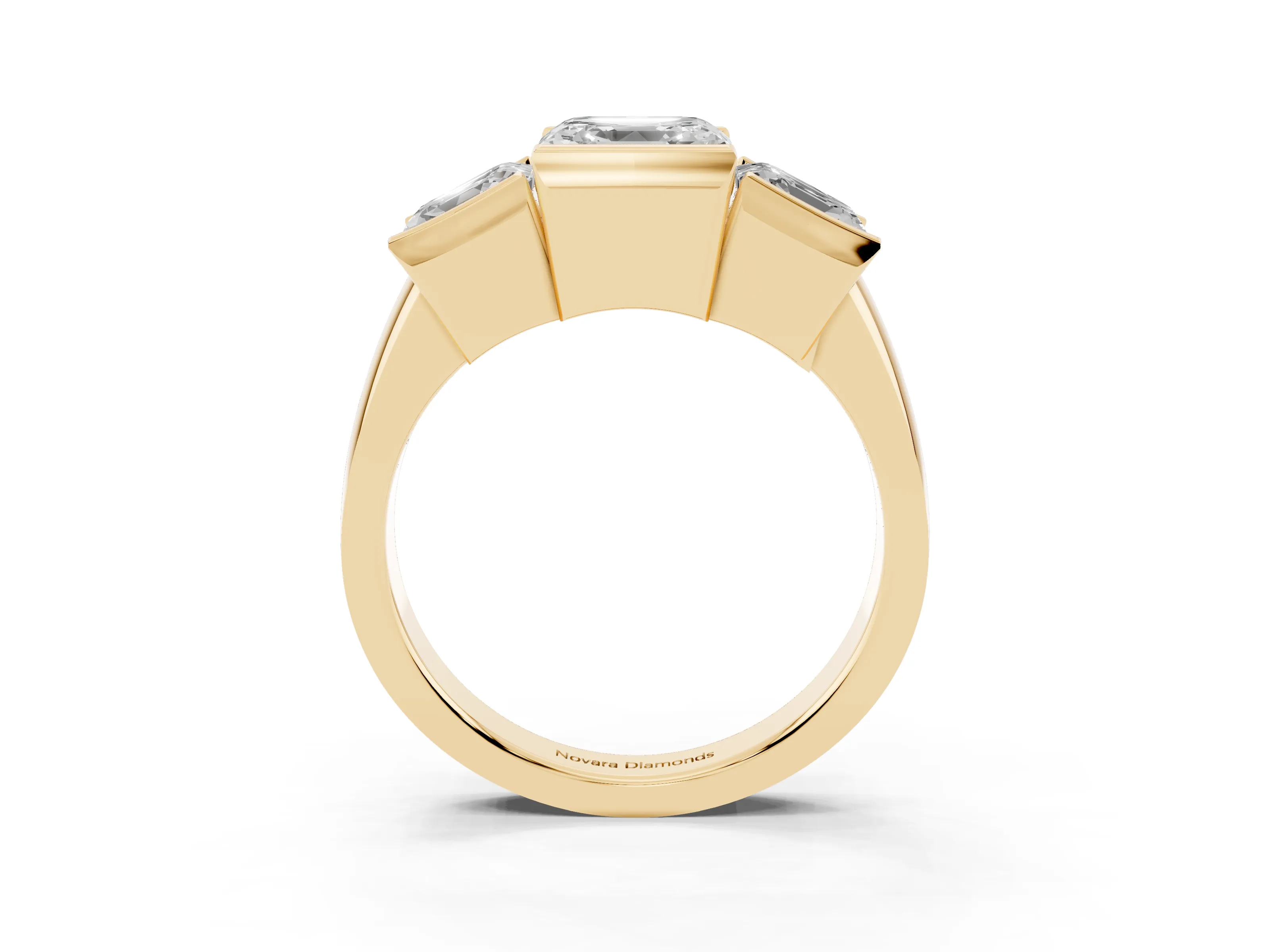 Asscher Cut Diamond Three-Stone Channel Set Ring Set in Yellow gold with Smooth Polished Band