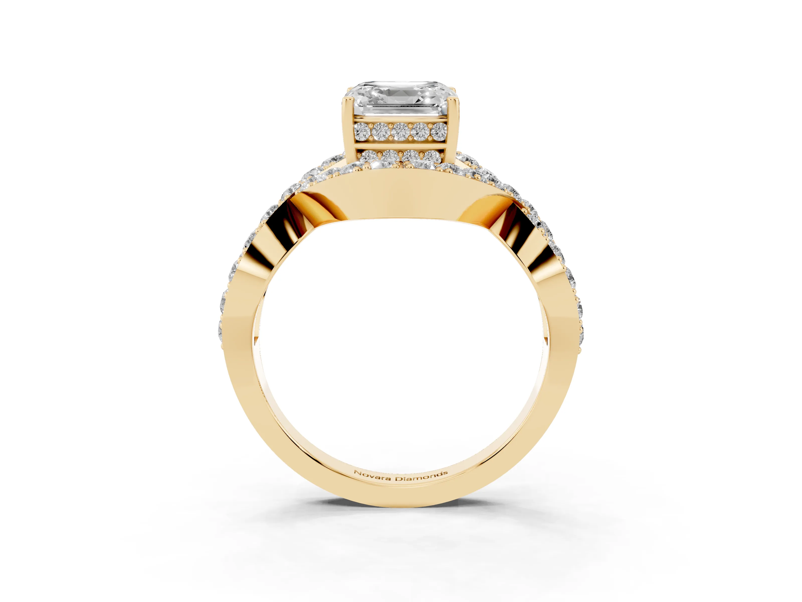 Asscher Cut Diamond Solitaire Twist Band Pavé Engagement Ring Set in Yellow gold