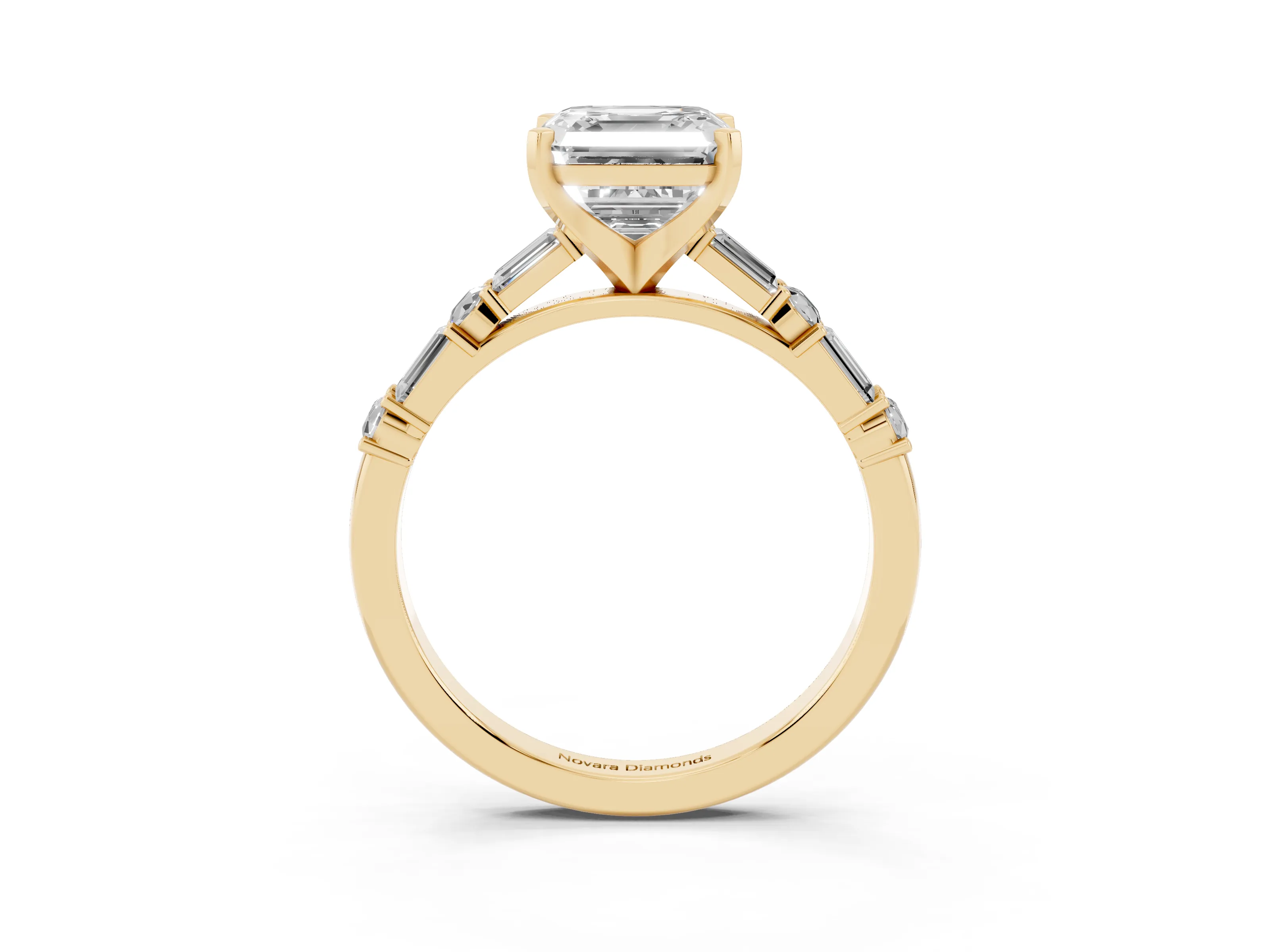 Asscher Cut Diamond Solitaire Set in Yellow gold with Side Baguettes and Channel Set Band