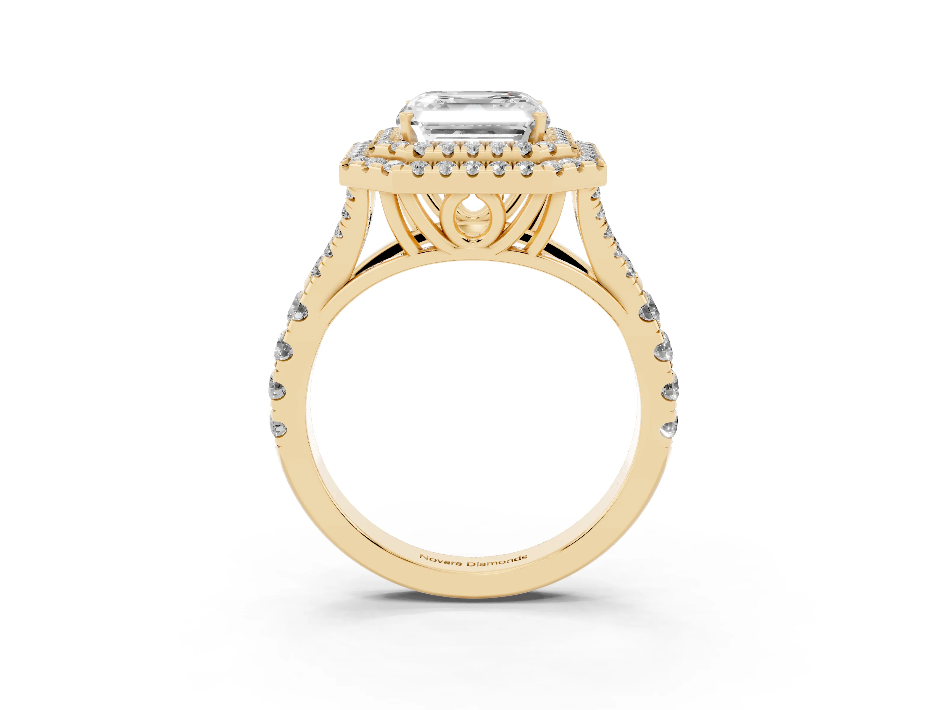 Asscher Cut Diamond Pavé Split Shank Double Halo Engagement Ring Set in Yellow gold