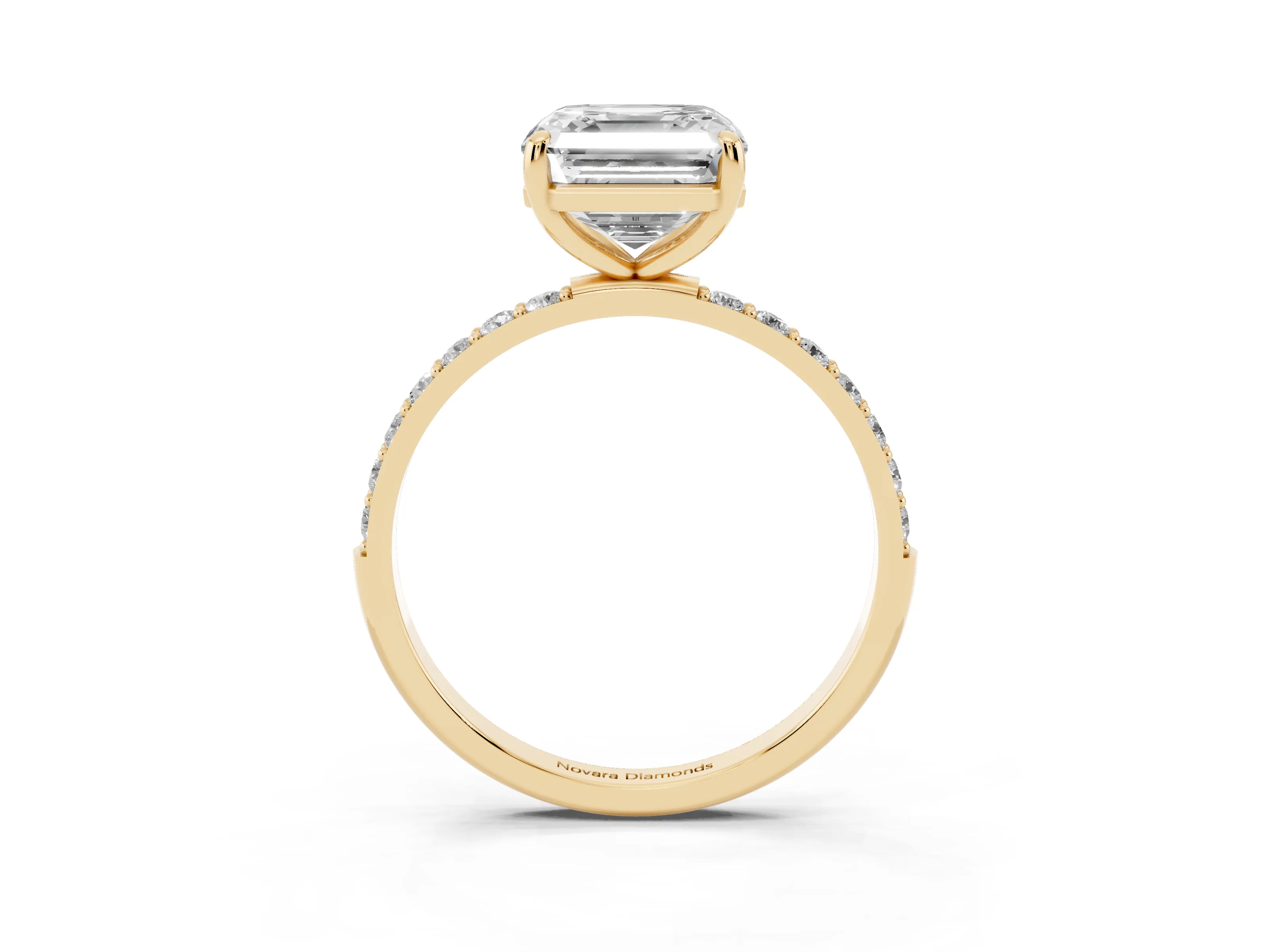 Asscher Cut Diamond Solitaire Ring Set in Yellow gold with Round Pavé Band and Prong Setting