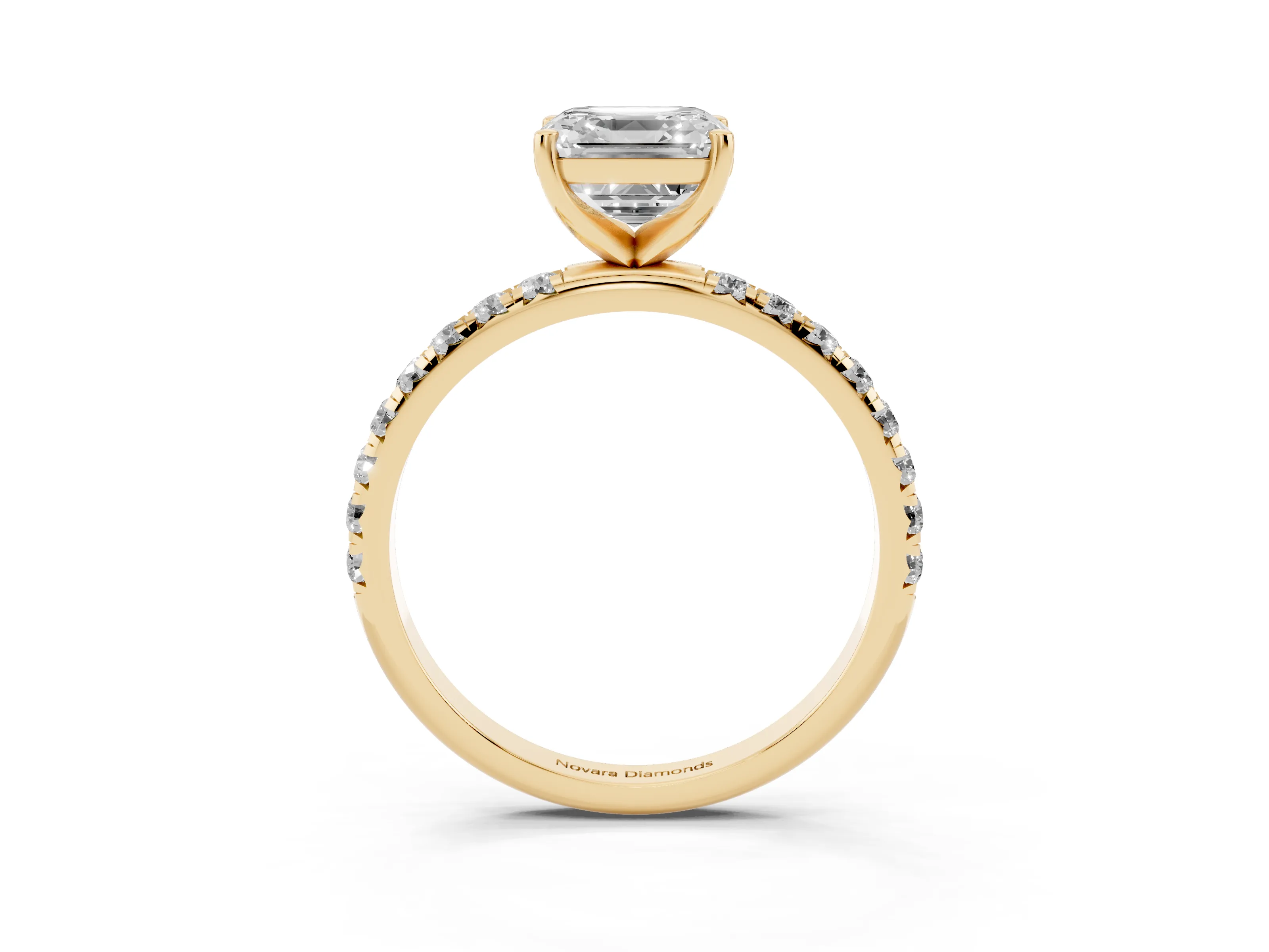 Asscher Cut Diamond Solitaire Ring Set in Yellow gold with Micro Pavé Band and Prong Setting