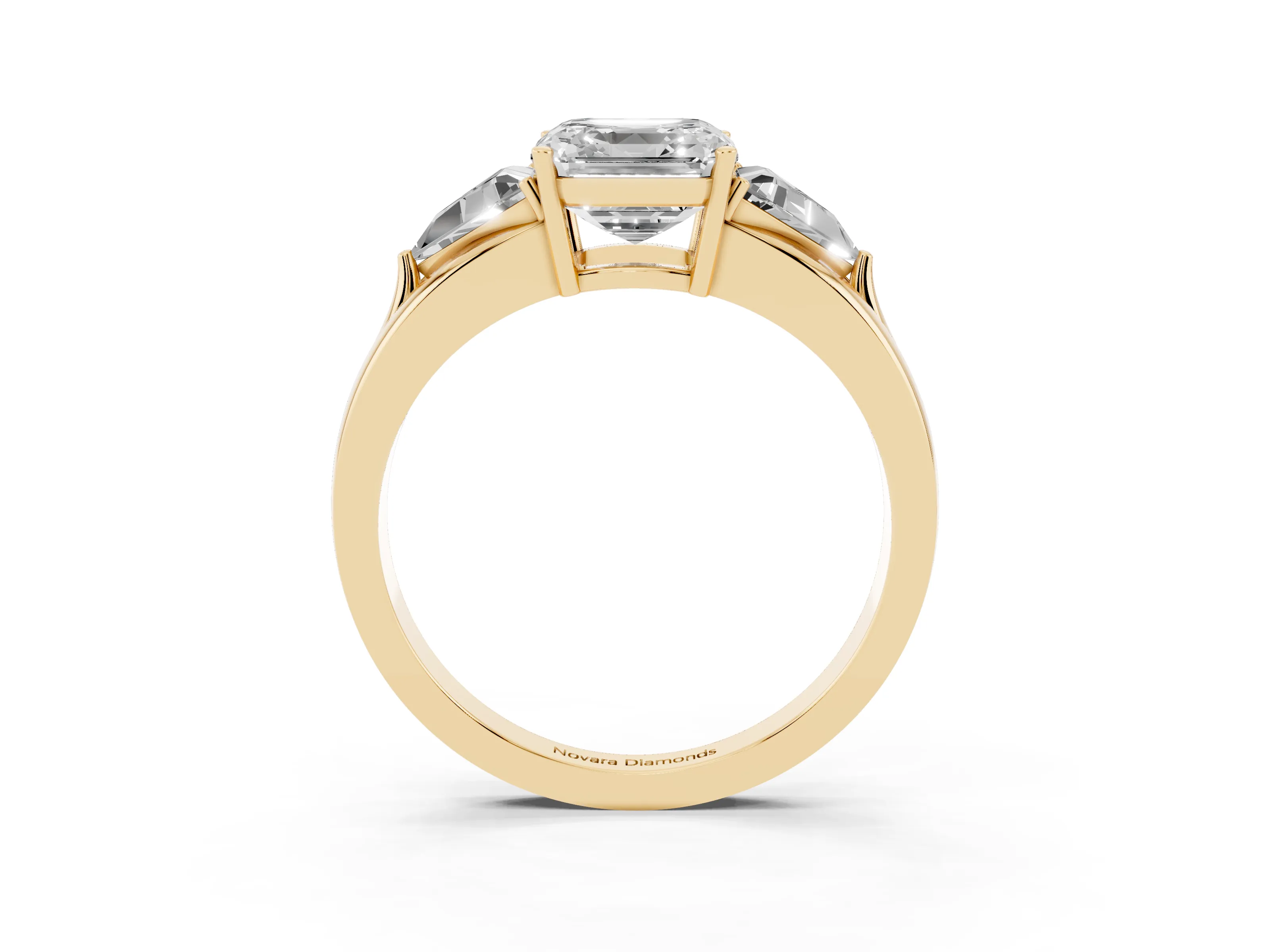 Asscher Cut Diamond Three-Stone Ring Set in Yellow gold with Trillion Side Stones and Split Shank