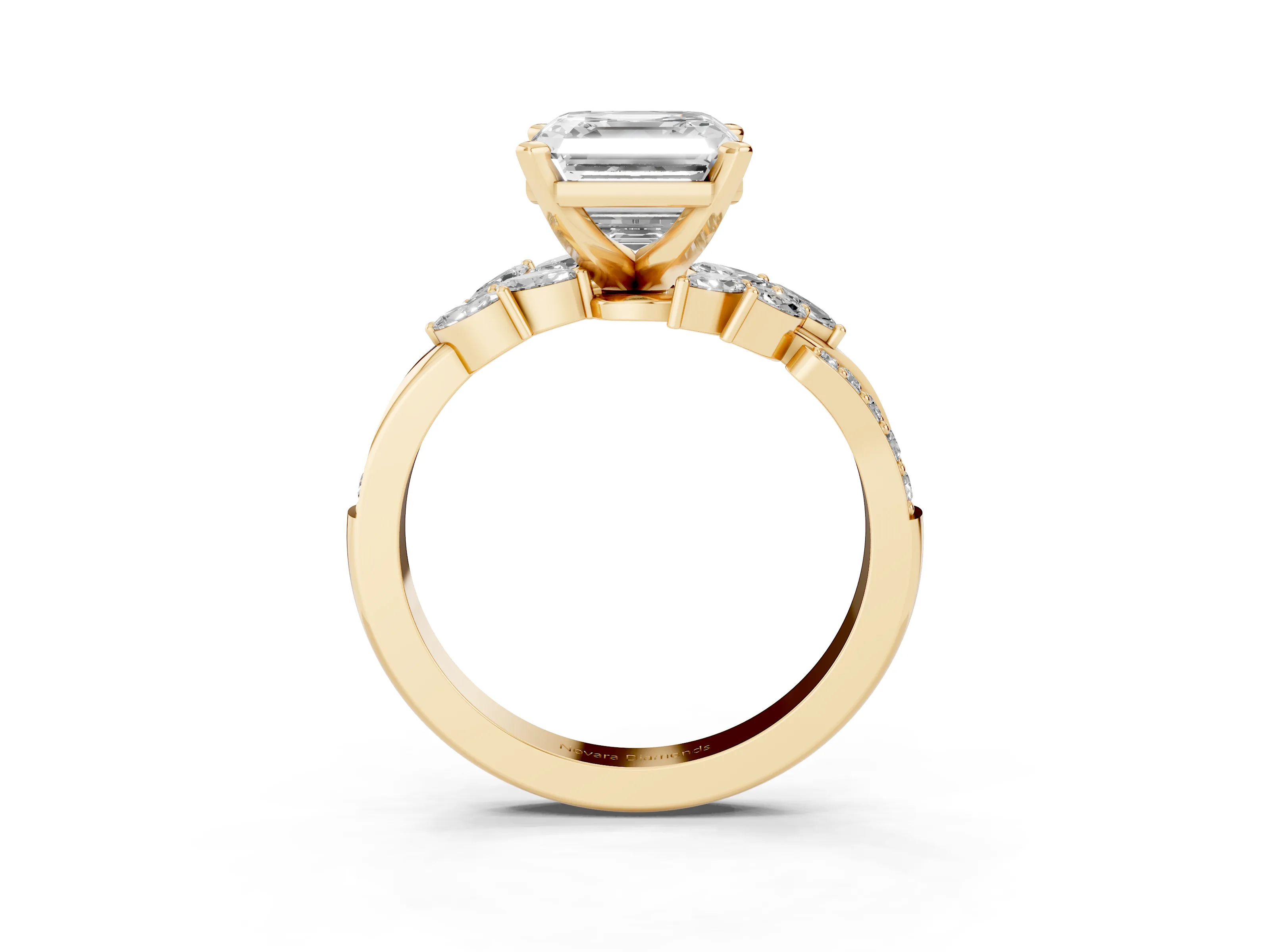Asscher Cut Diamond Solitaire Ring Set in Yellow gold with Marquise Twist Band and Prong Setting