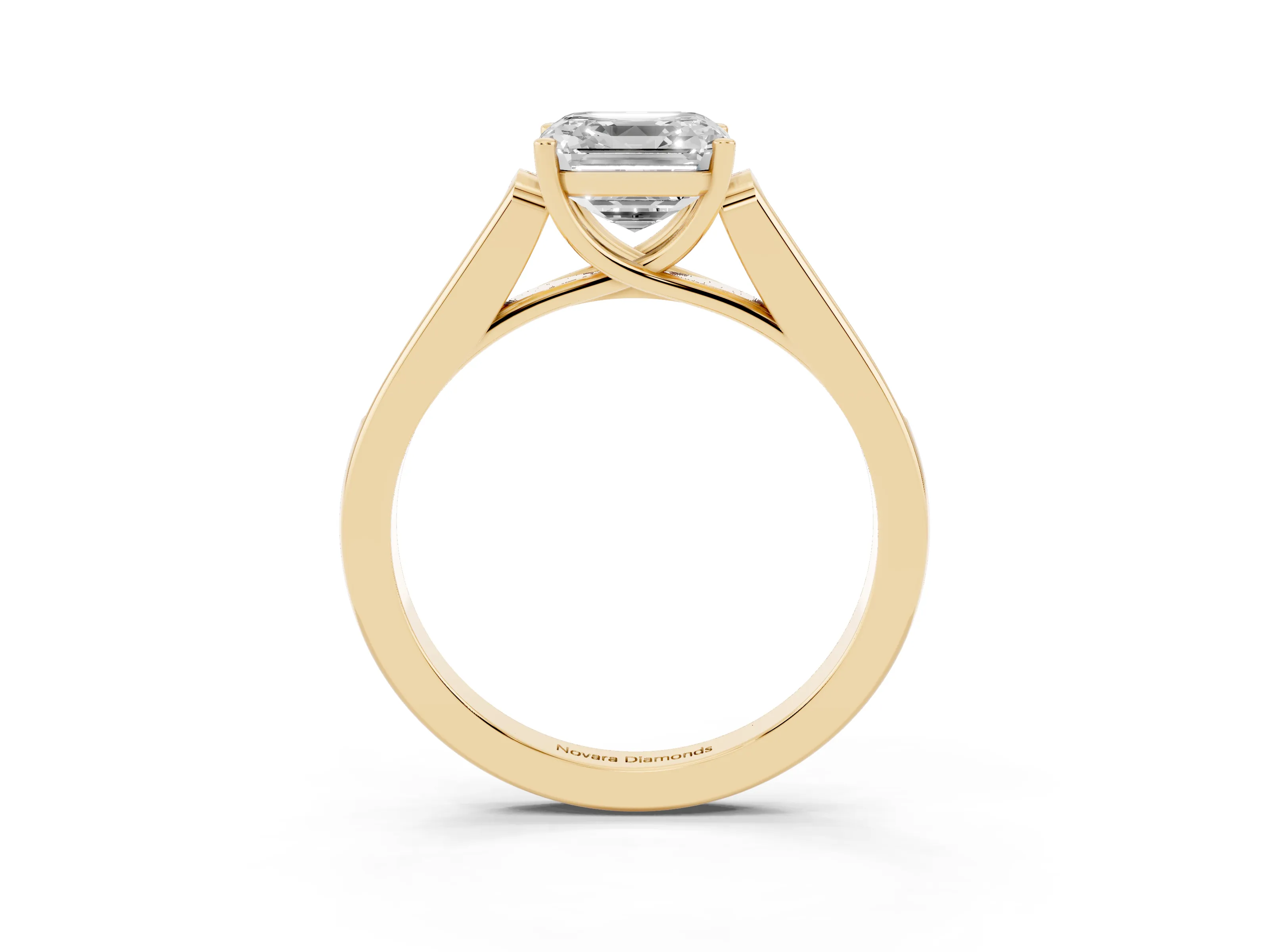 Asscher Cut Diamond Solitaire Cathedral Engagement Ring Set in Yellow gold with Channel-Set Band and Prong Setting