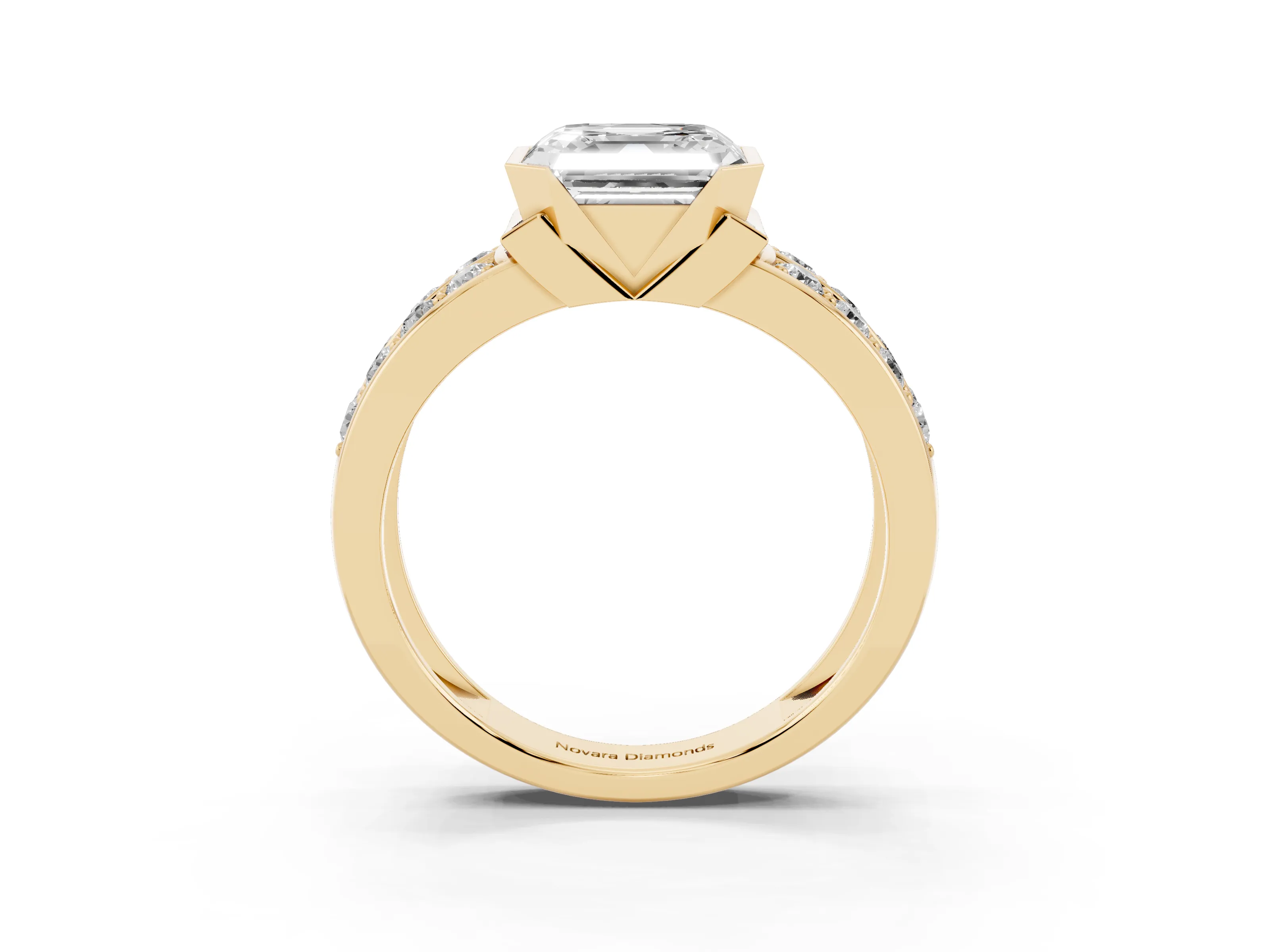 Asscher Cut Diamond Wide Channel Set Band Ring Set in Yellow gold with Bezel Setting