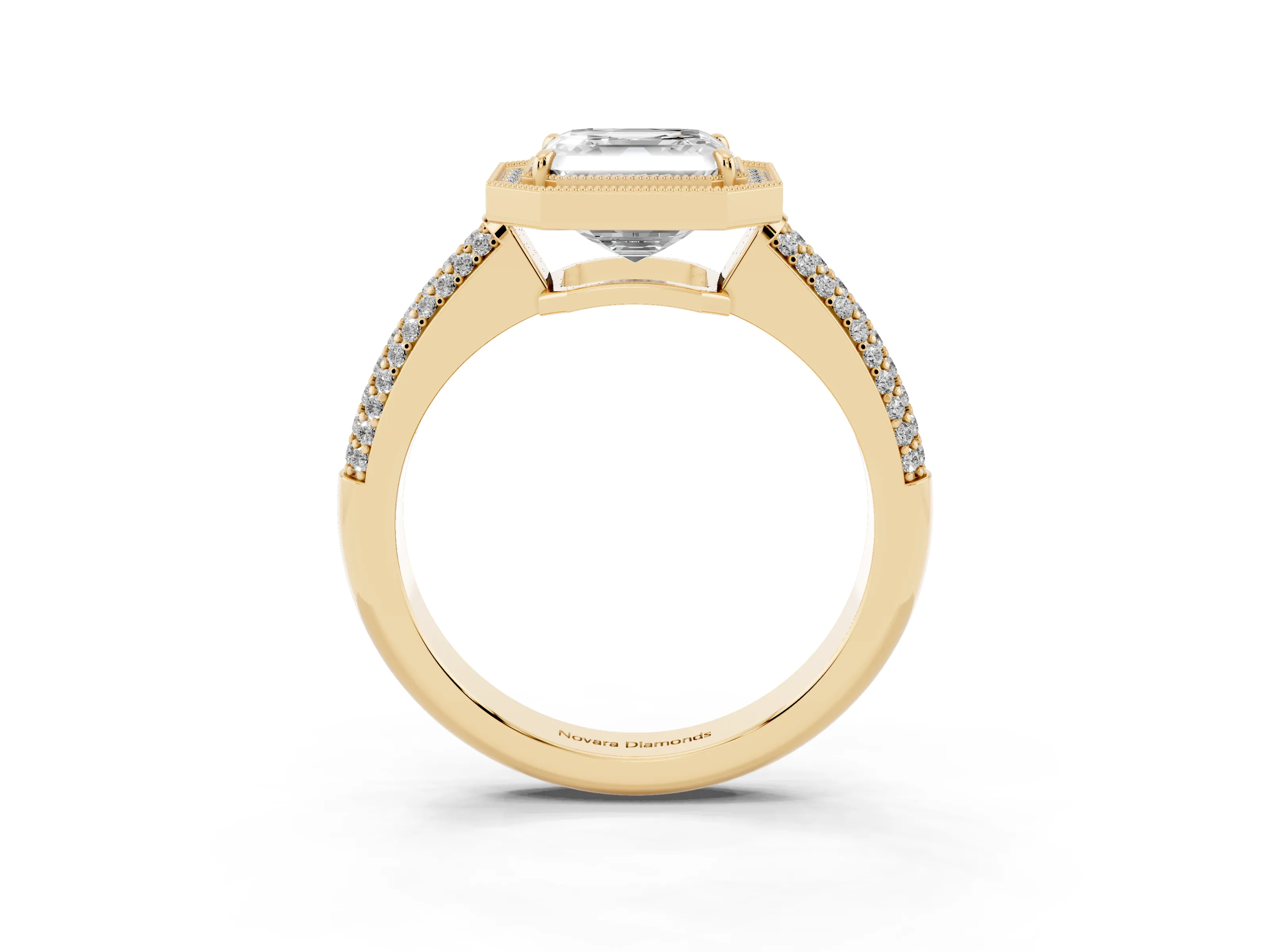 Asscher Cut Diamond Halo Pavé Band Set in Yellow gold with Prong Setting
