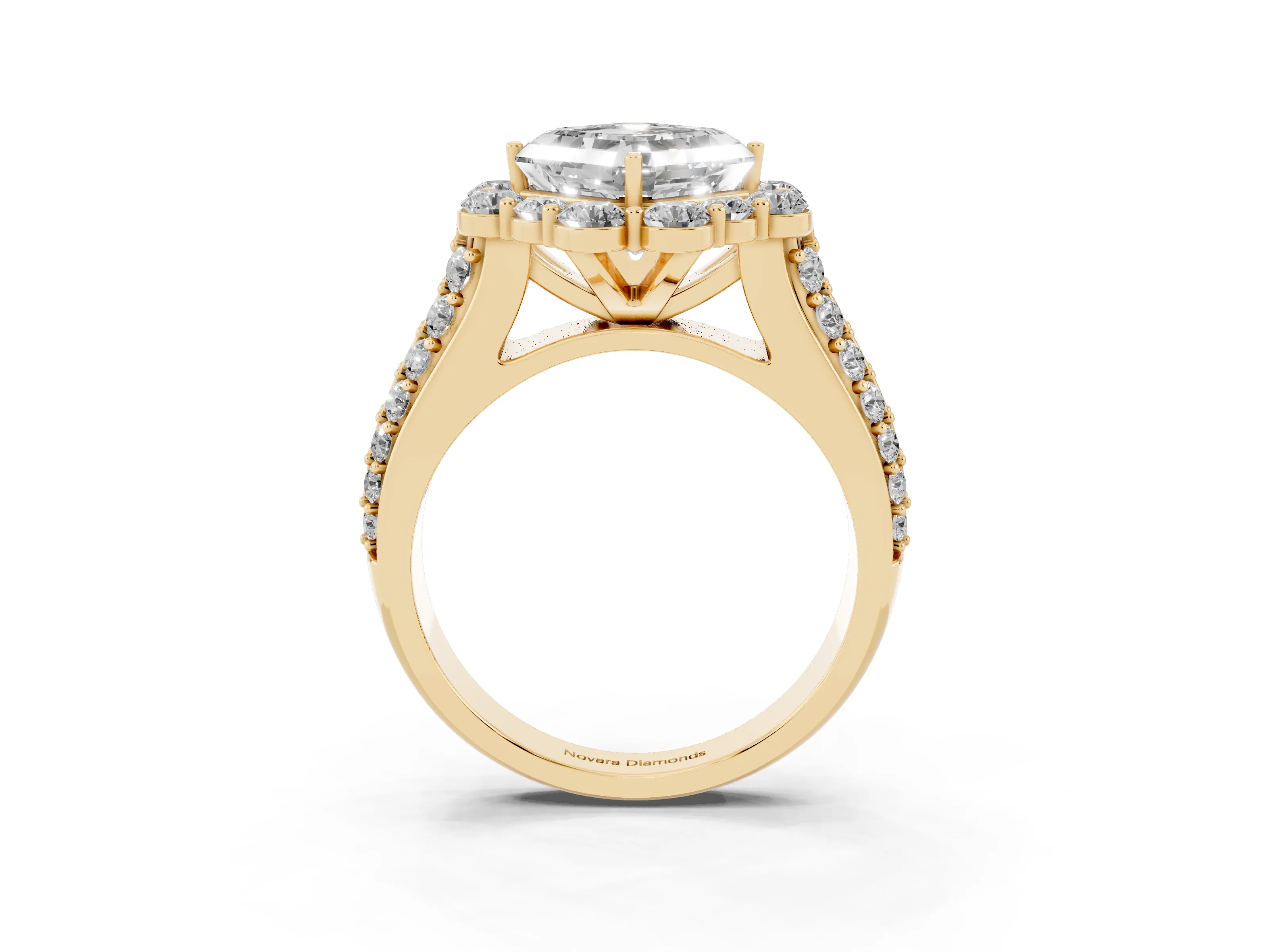 Asscher Cut Diamond Halo Engagement Ring Set in Yellow gold with Split Shank and Prong Setting