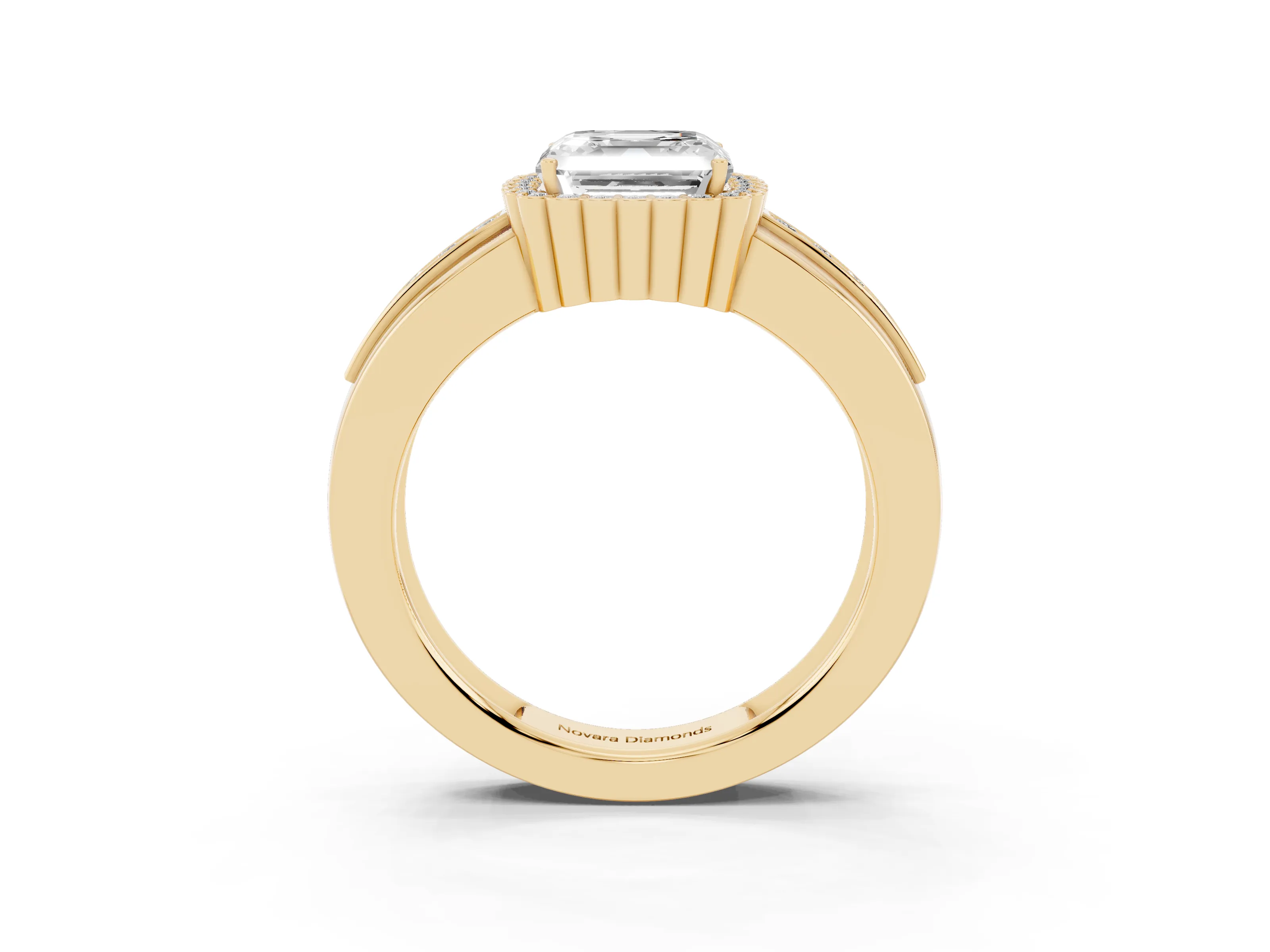 Asscher Cut Diamond Halo Prong Ring Set in Yellow gold with Pavé Band