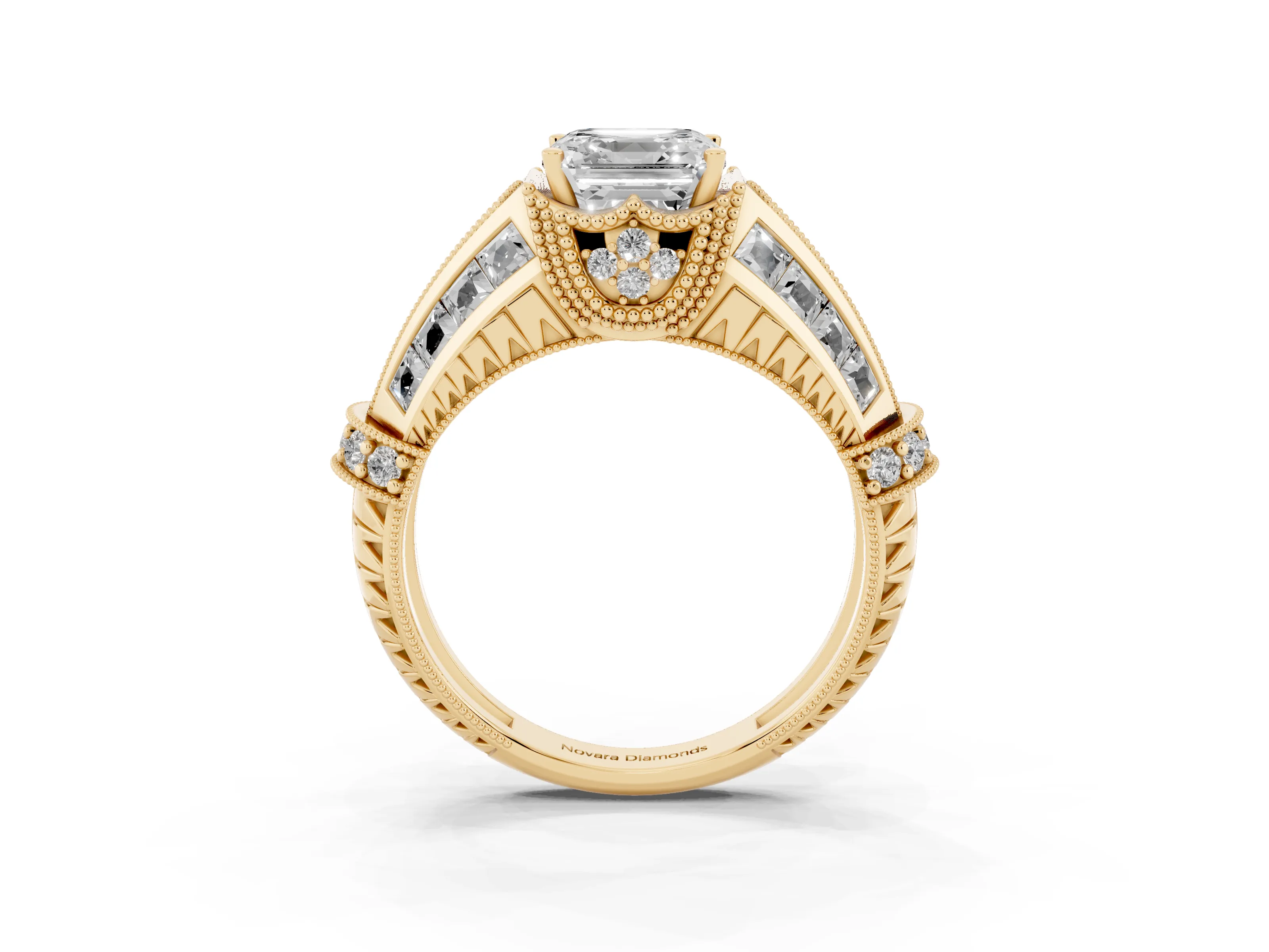 Asscher Cut Diamond Vintage-Inspired Milgrain Ring Set in Yellow gold with Accent Split Shank