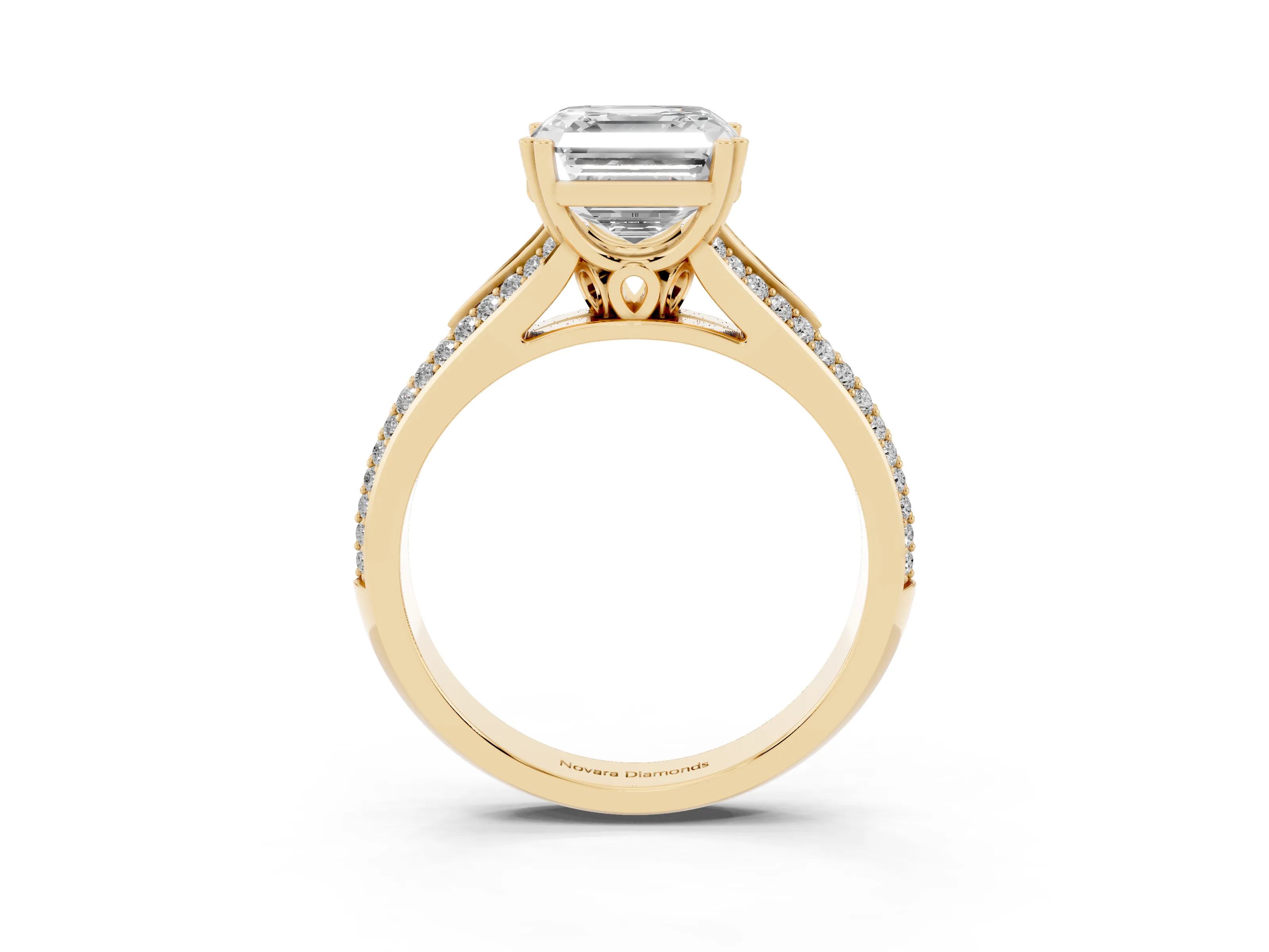 Asscher Cut Diamond Split Shank Pavé Engagement Ring Set in Yellow gold with Prong-Set Center Stone