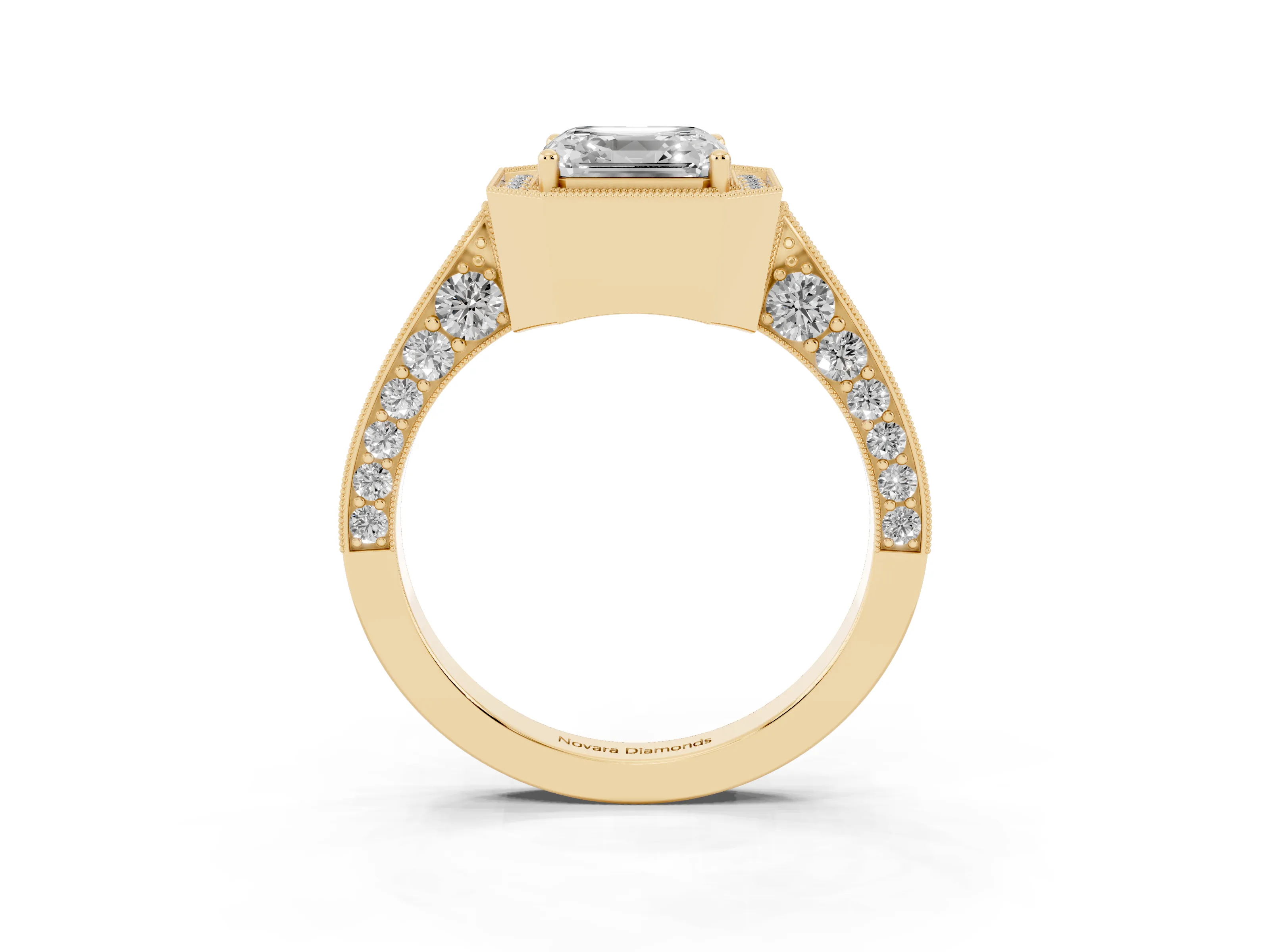 Asscher Cut Diamond Halo Engagement Ring Set in Yellow gold with Accent Split Shank Band