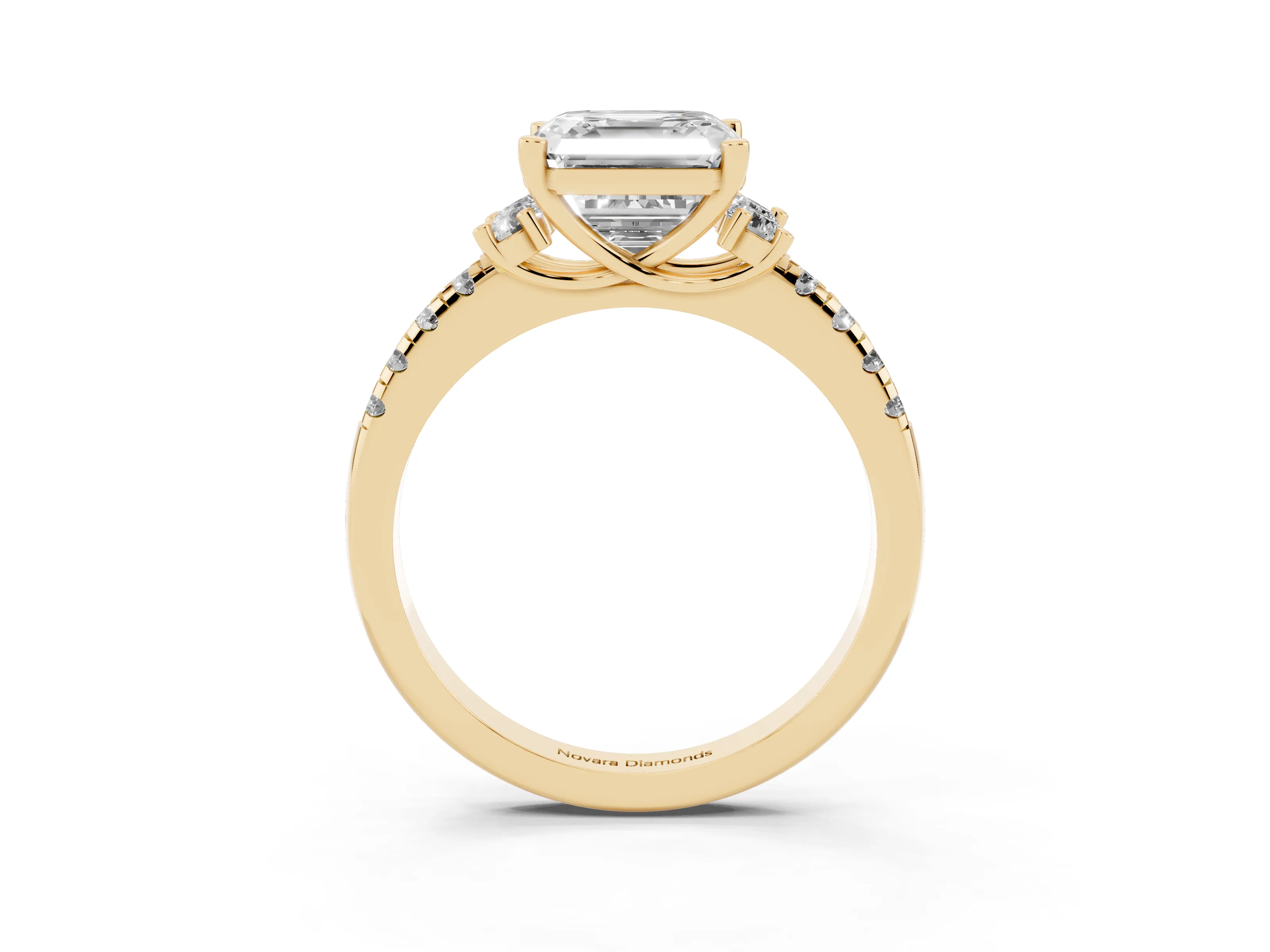 Asscher Cut Diamond Three-Stone Pavé Ring Set in Yellow gold with Prong Setting