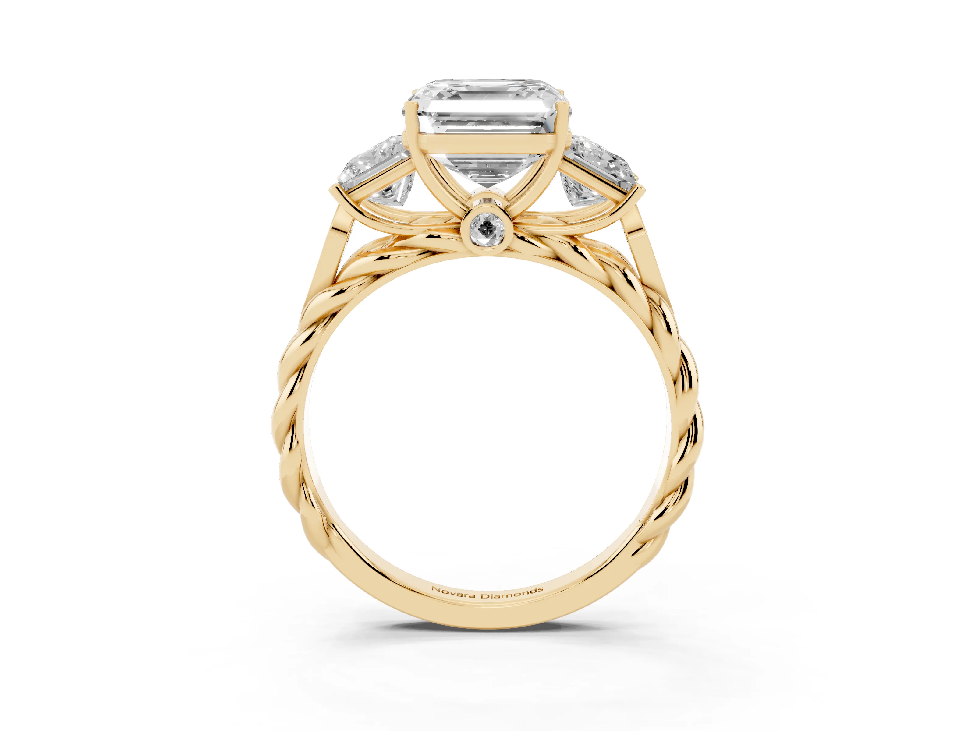 Asscher Cut Diamond Three-Stone Ring Set in Yellow gold with Braided Band