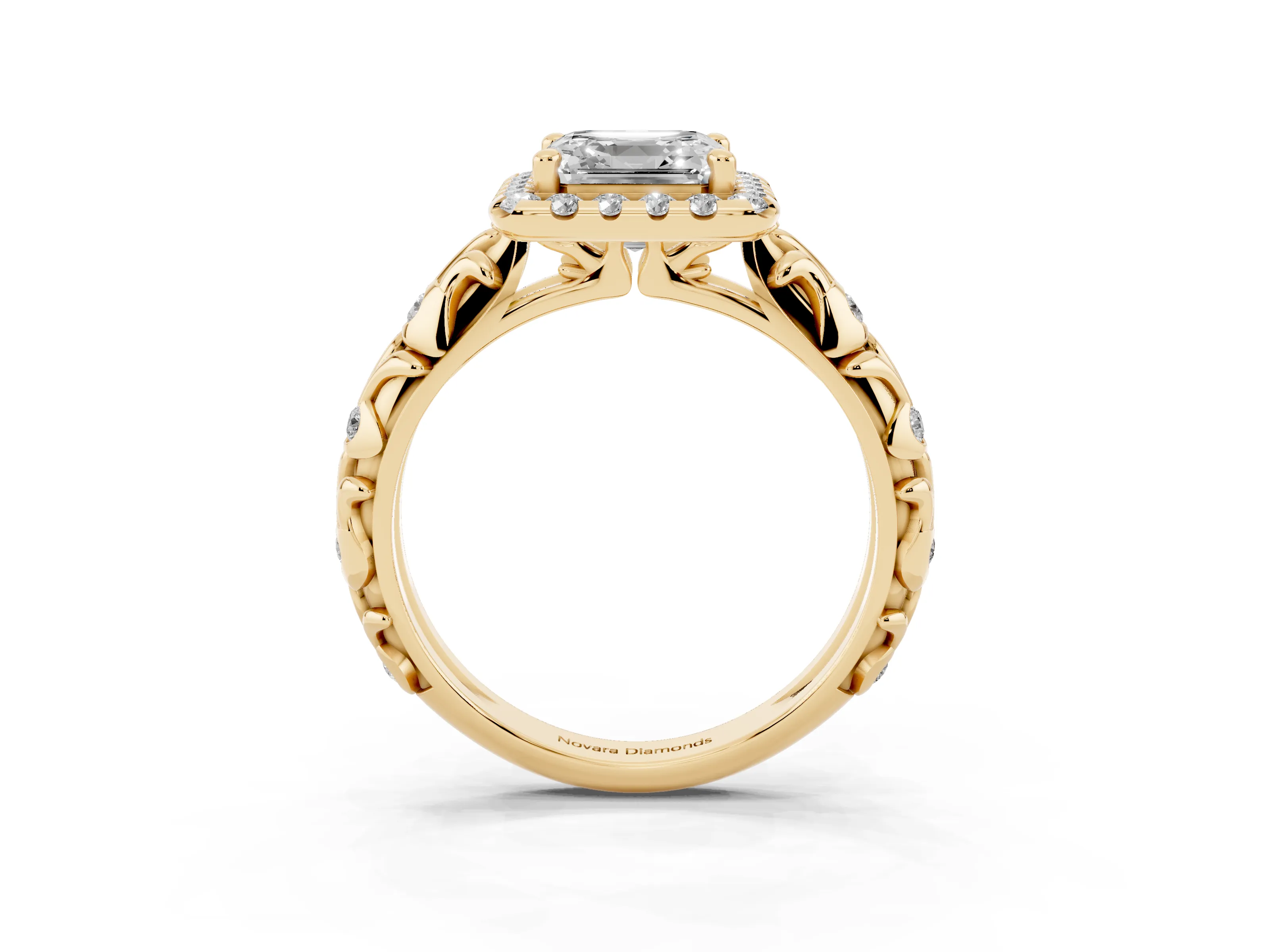 Asscher Cut Diamond Halo Ring Set in Yellow gold with Filigree Leaf Band and Prong Setting