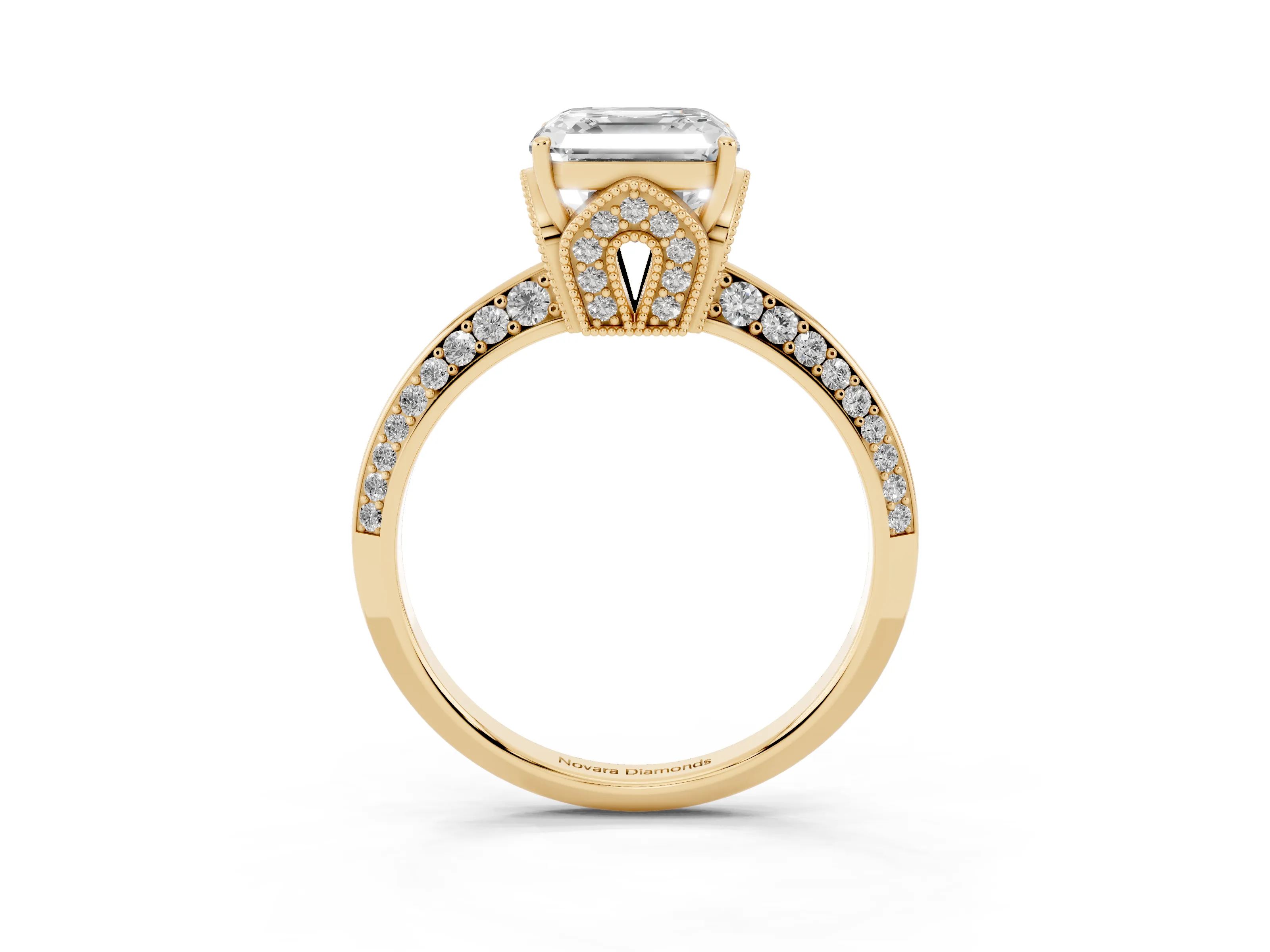 Asscher Cut Diamond Solitaire Engagement Ring Set in Yellow gold with Pavé Split Shank and Prong Setting
