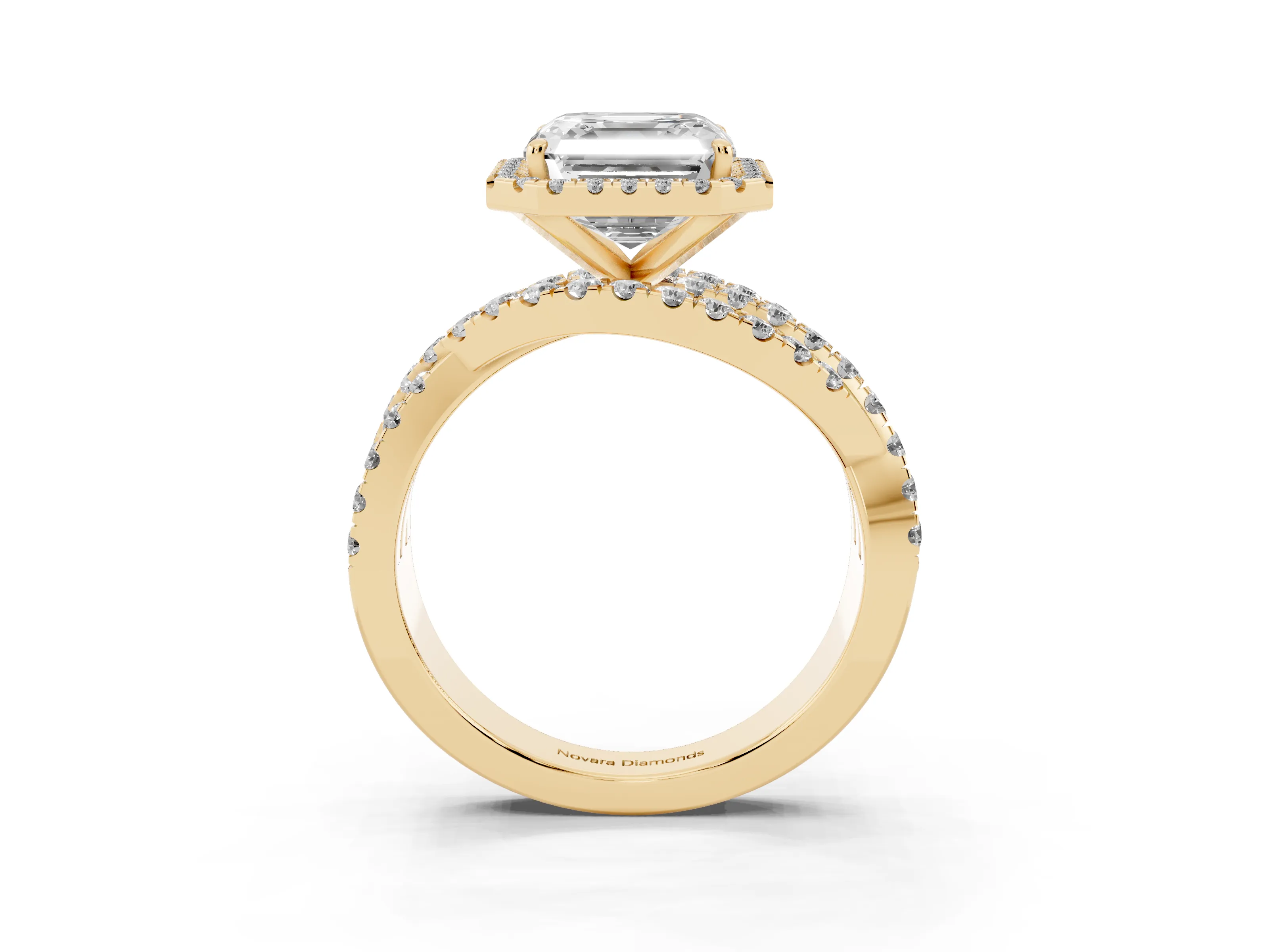 Asscher Cut Diamond Halo Ring Set in Yellow gold with Round Crossover Split Shank and Prong Setting