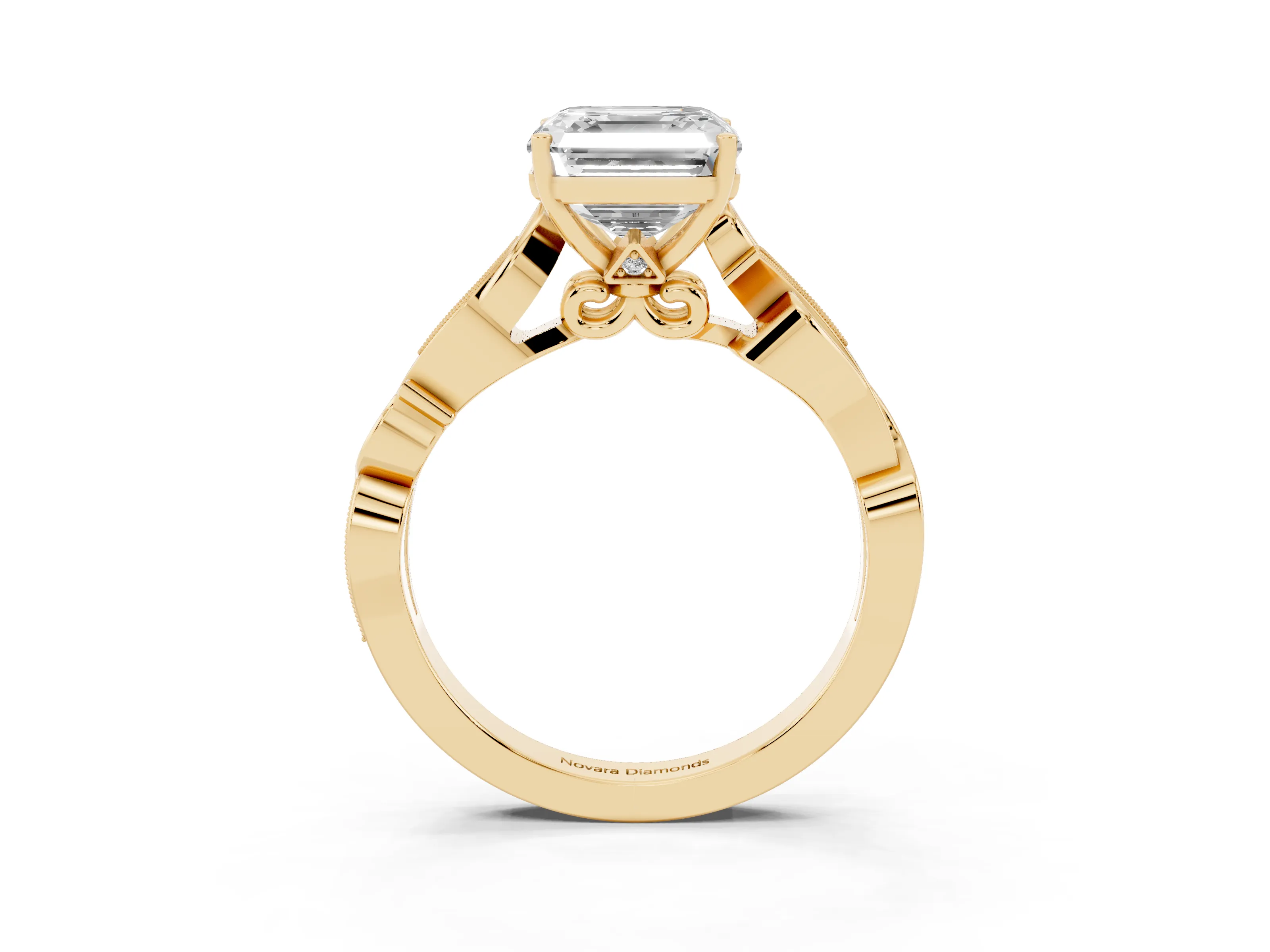 Asscher Cut Diamond Vine Band Solitaire Ring Set in Yellow gold with Milgrain Prong Setting