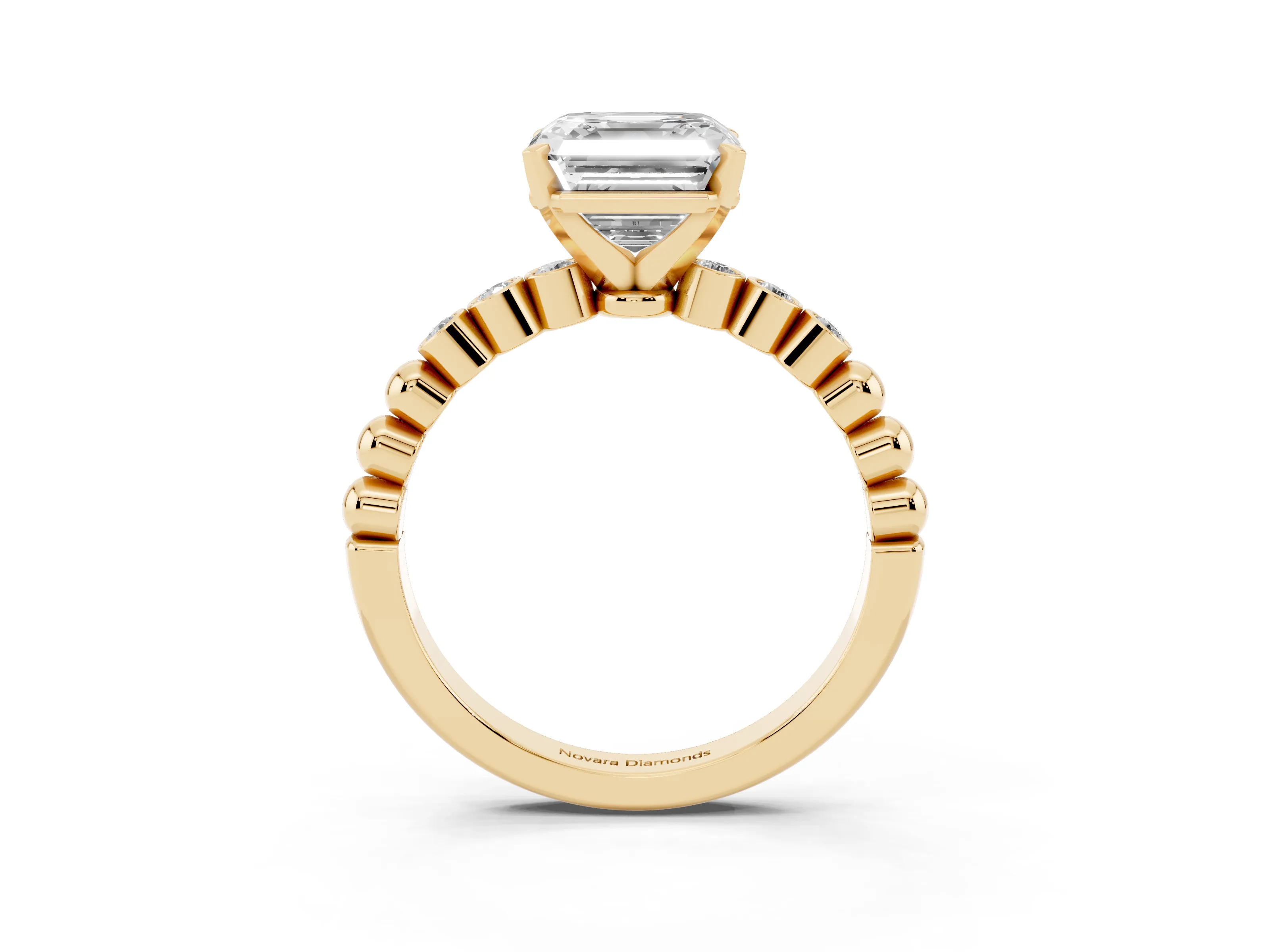 Asscher Cut Diamond Solitaire Engagement Ring Set in Yellow gold with Bezel Accents on Beaded Band