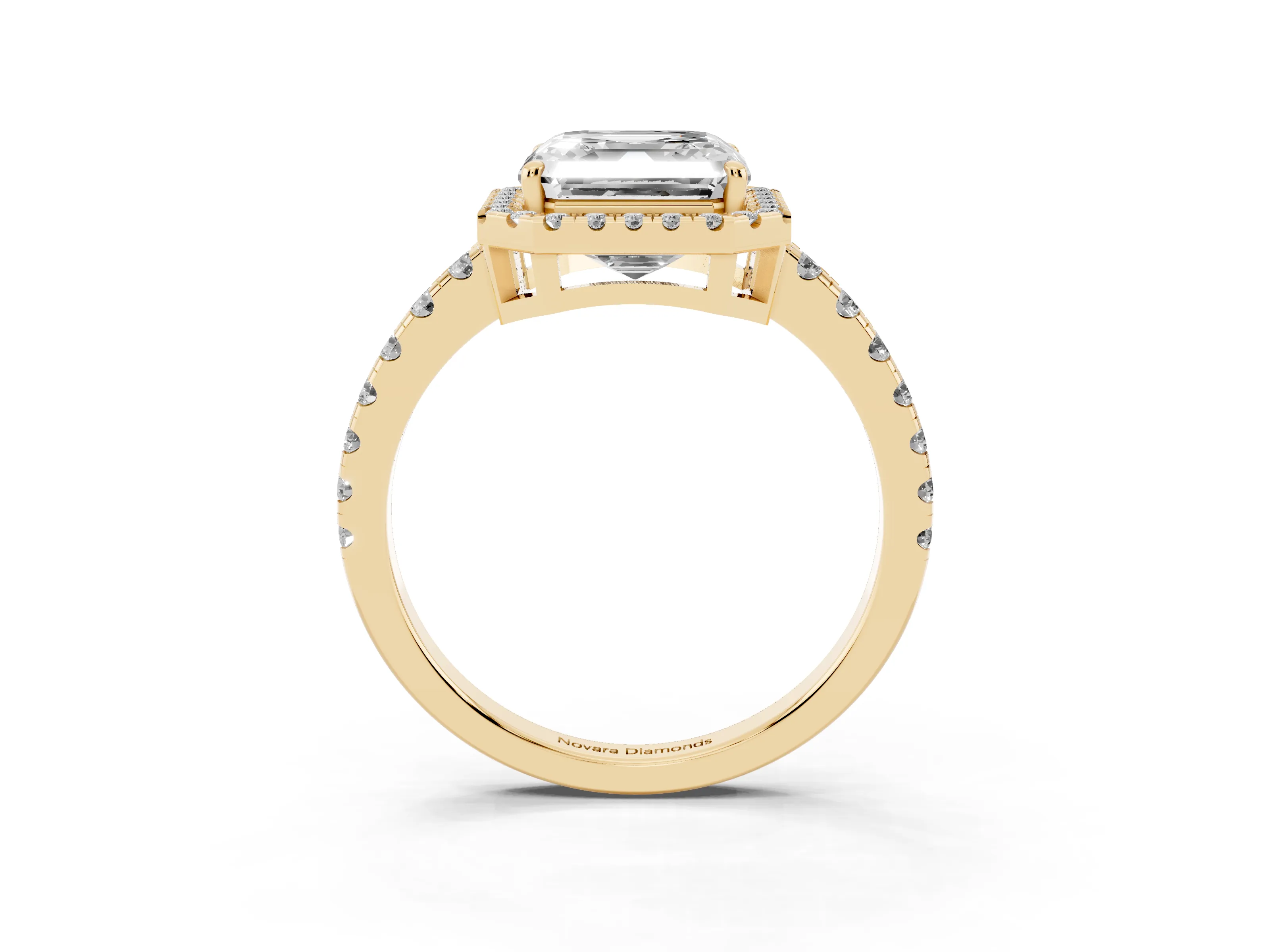 Asscher Cut Diamond Halo Ring Set in Yellow gold with Delicate Pavé Band and Prong Setting