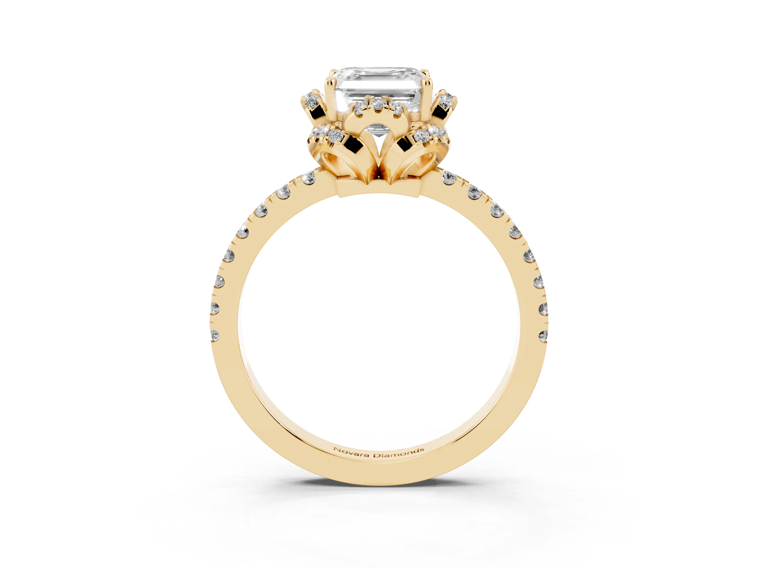 Asscher Cut Diamond Halo Pavé Band Ring Set in Yellow gold with Prong-Held Center